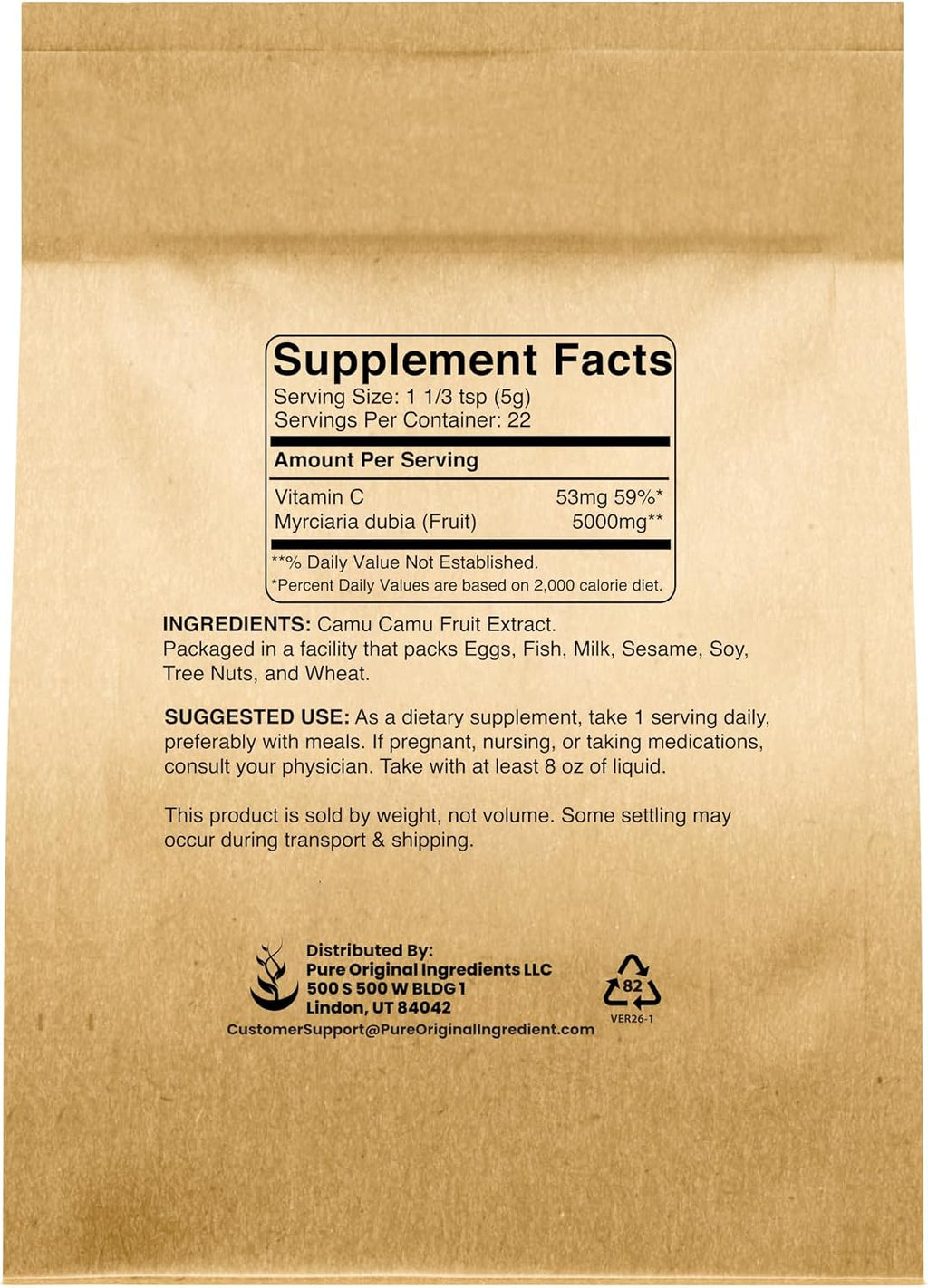 PURE ORIGINAL INGREDIENTS Camu Camu en Polvo, Fuente de Vitamina C, Superalimento Brasileño (113 g)