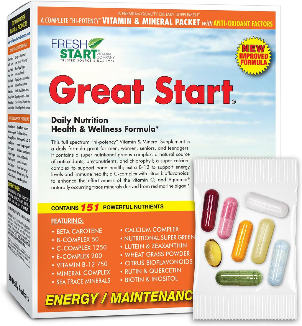 Great Start Pack Diario Todo en Uno - Nutrición Esencial con Vitaminas C, D3, K2, Complejo B, Zinc, Minerales Traza, Super Greens y Colágeno Marino - 30 Días