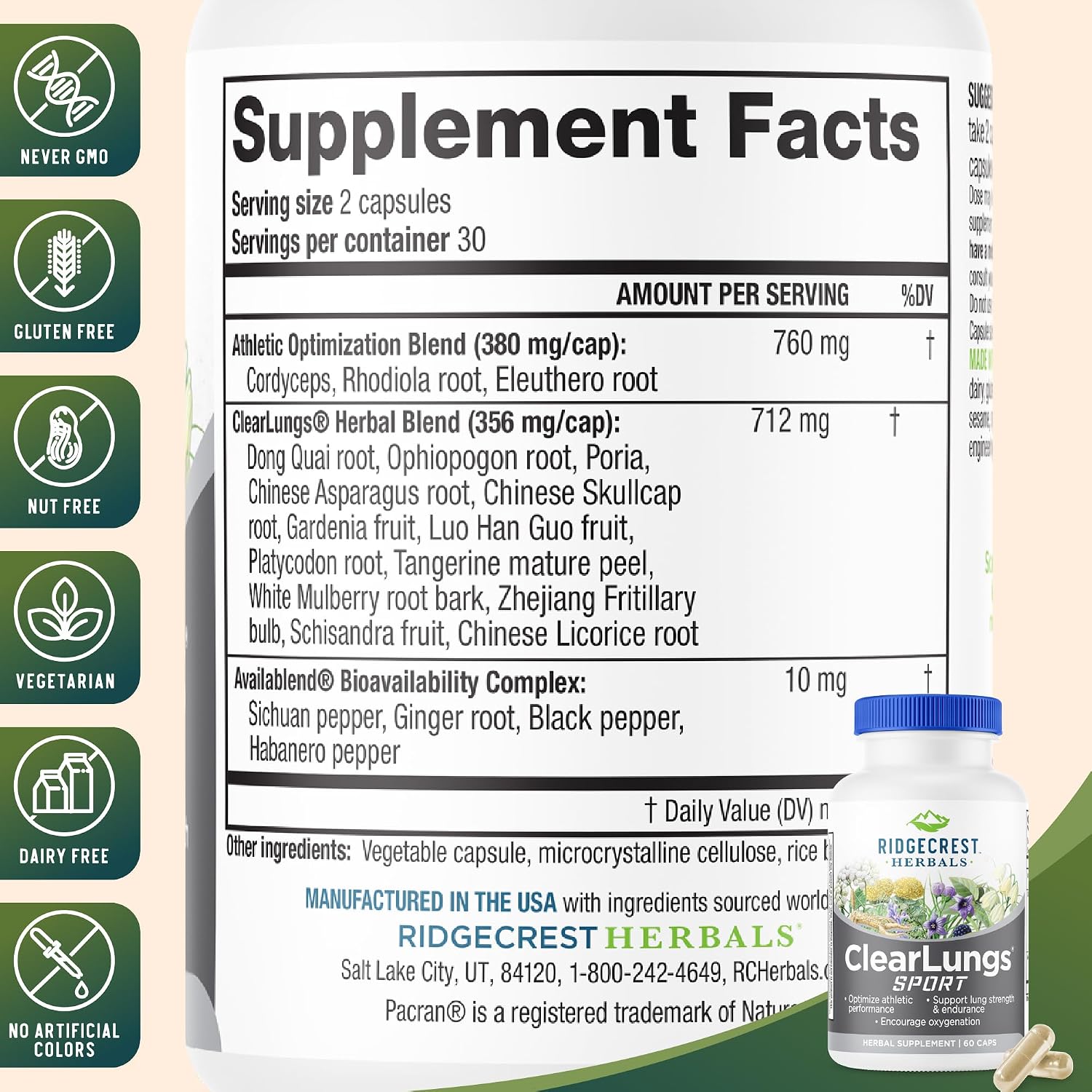RidgeCrest Herbals ClearLungs Sport - Fórmula de Apoyo Respiratorio con Cordyceps, Rhodiola y Eleuthero | 60 Cápsulas Veganas