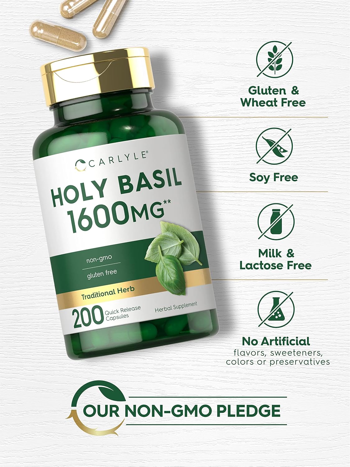 Carlyle Cápsulas de Albahaca Santa (Tulsi) | 200 Unidades | Extracto de Hoja de Tulsi | Suplemento Herbal | No-GMO, Sin Gluten