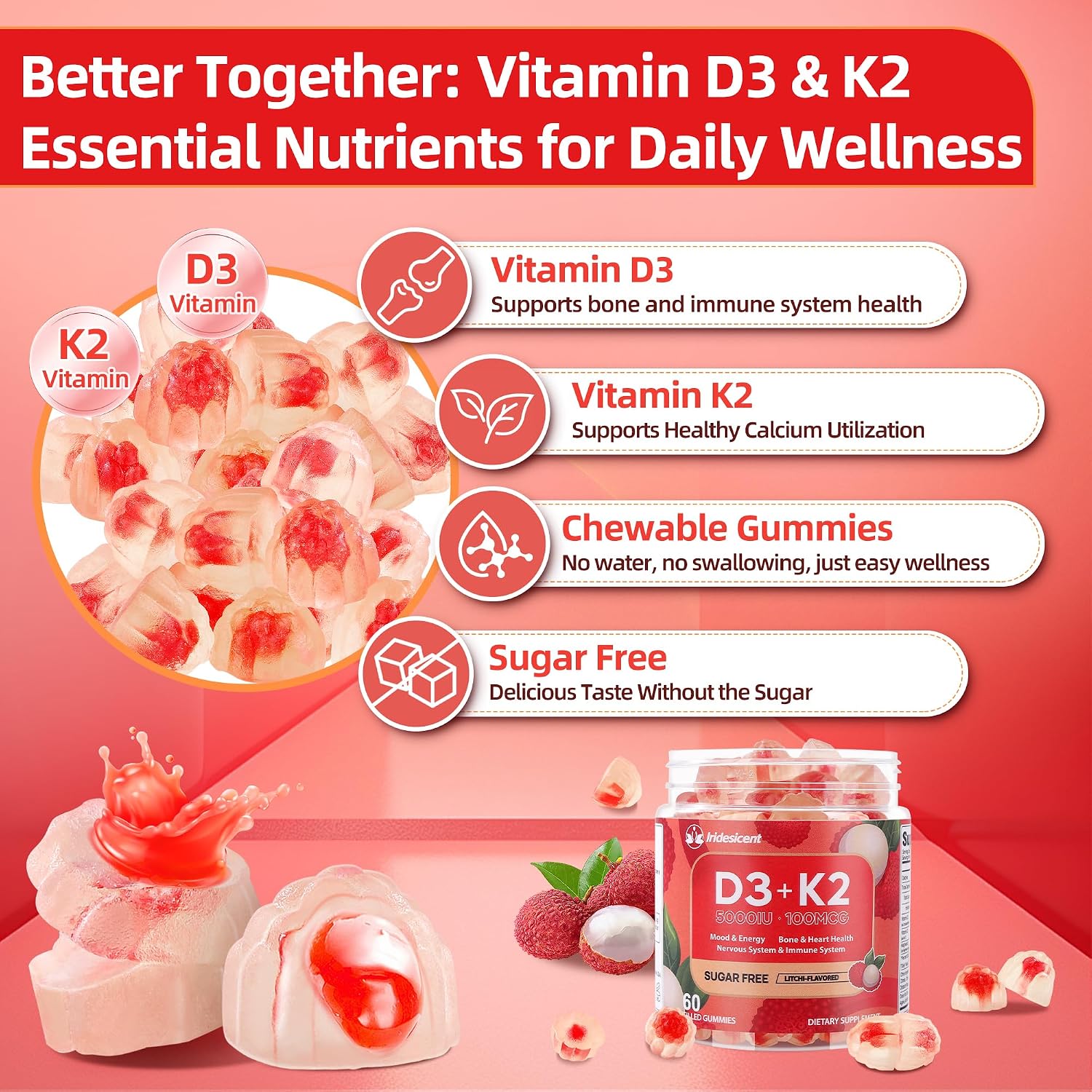 IRIDESICENT Vitamina D3 K2 Gummies Sin Azúcar - 60 Gominolas | 5.000 UI D3 + 100 mcg K2 (MK-7) | Vegano, Sabor Lichi