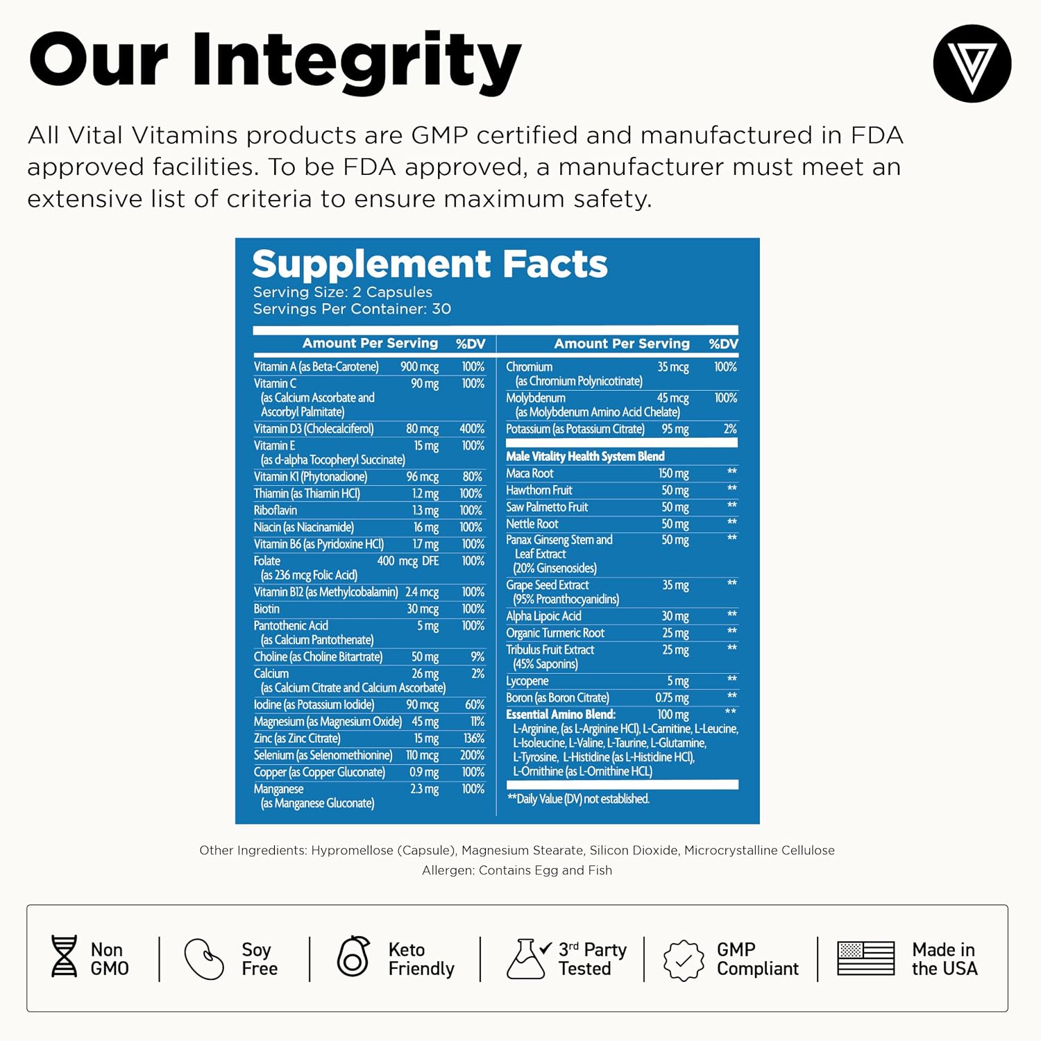 Vital Vitamins Multivitamínico para Hombres - Complejo con Aminoácidos Esenciales, Maca, Saw Palmetto, Vitaminas A, C, D3, E, B6, B12 y Zinc - 60 Cápsulas
