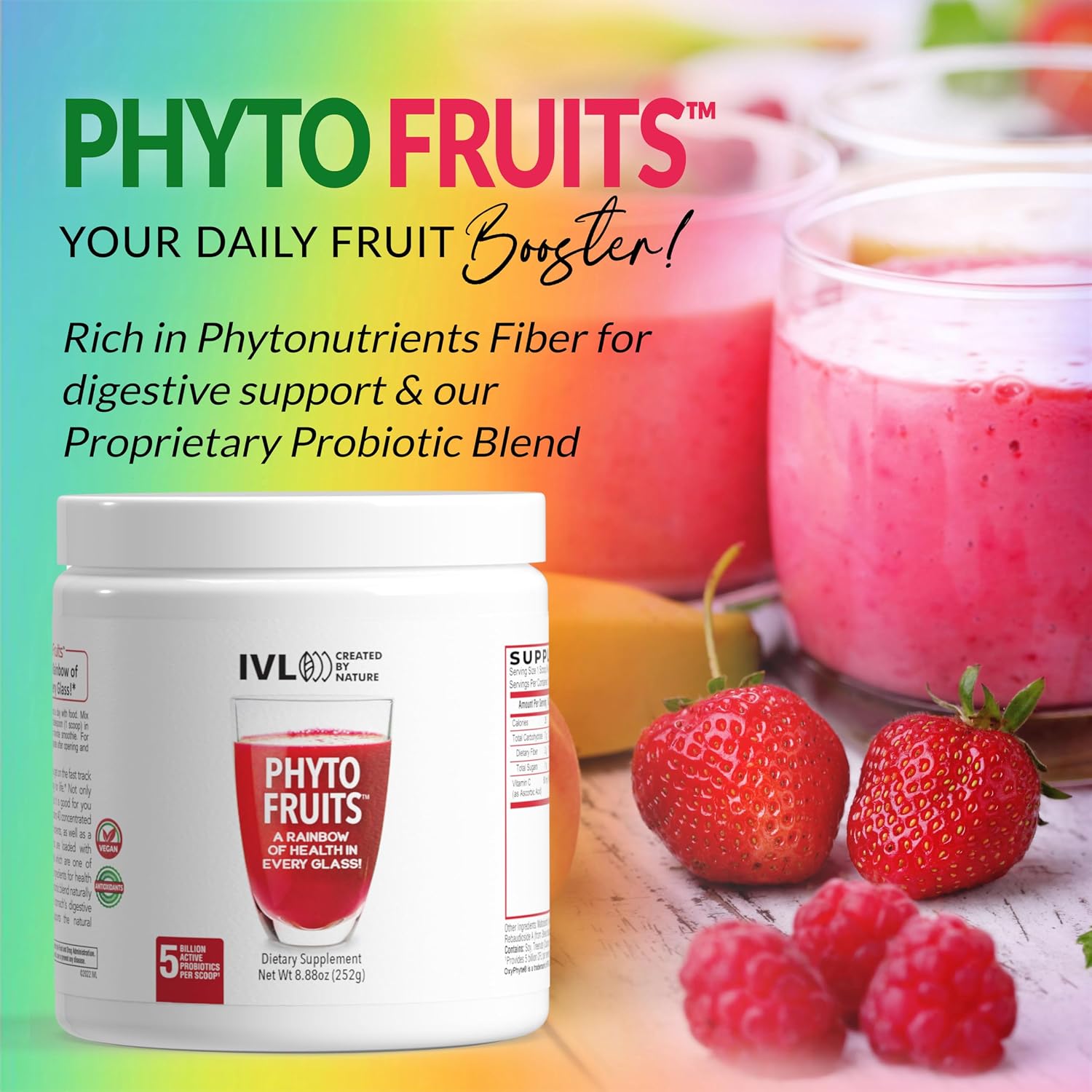 IVL Phyto Fruits Superfood Powder - 40 Frutas y Nutrientes + 6 Probióticos (252g, 30 raciones)