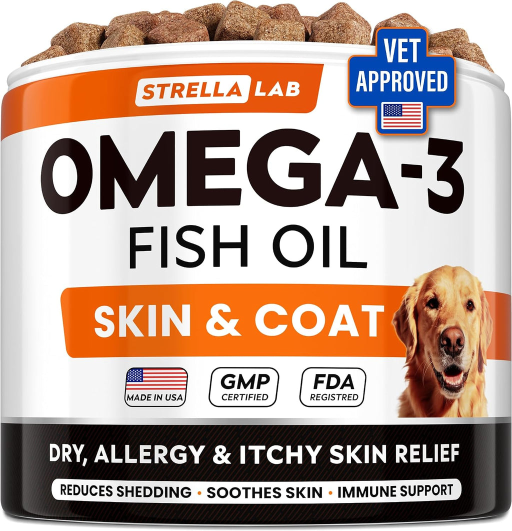 STRELLALAB Omega 3 for Dogs - 180 Golosinas de Aceite de Salmón - Alivio de Alergias y Picazón - Suplemento para Piel y Pelaje Seco - Tratamiento Anti-Caída y Puntos Calientes - Sabor a Pollo