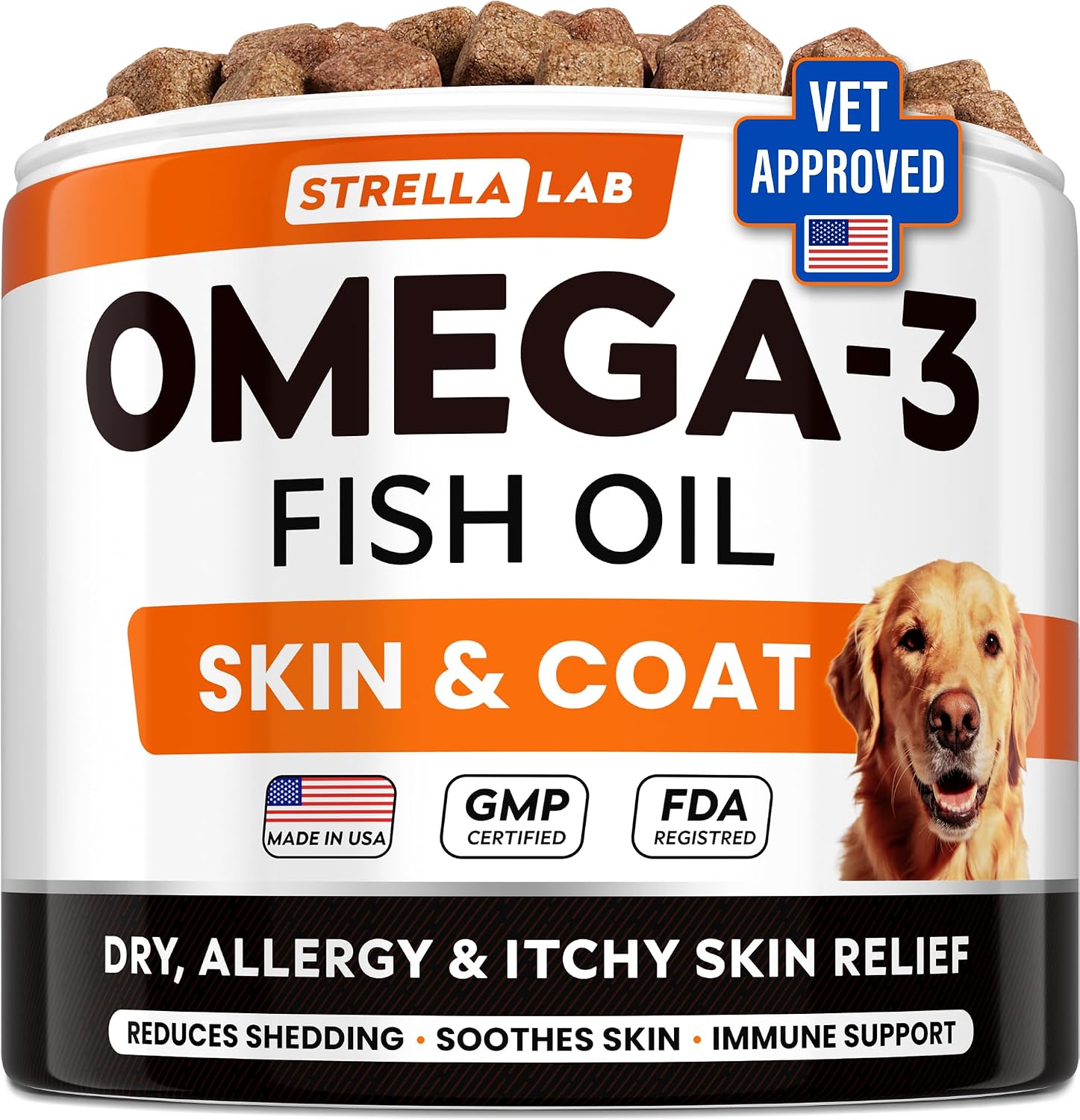STRELLALAB Omega 3 for Dogs - 180 Golosinas de Aceite de Salmón - Alivio de Alergias y Picazón - Suplemento para Piel y Pelaje Seco - Tratamiento Anti-Caída y Puntos Calientes - Sabor a Pollo