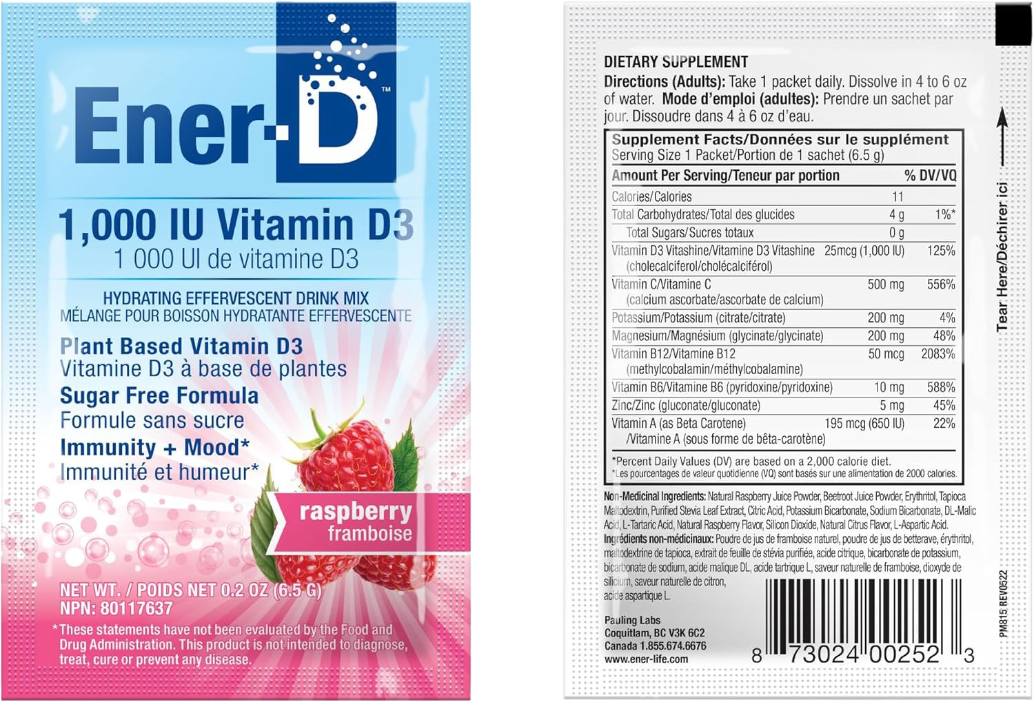 Ener-D Sugar Free Multivitamin Drink Mix - Sabor Frambuesa, 24 sobres