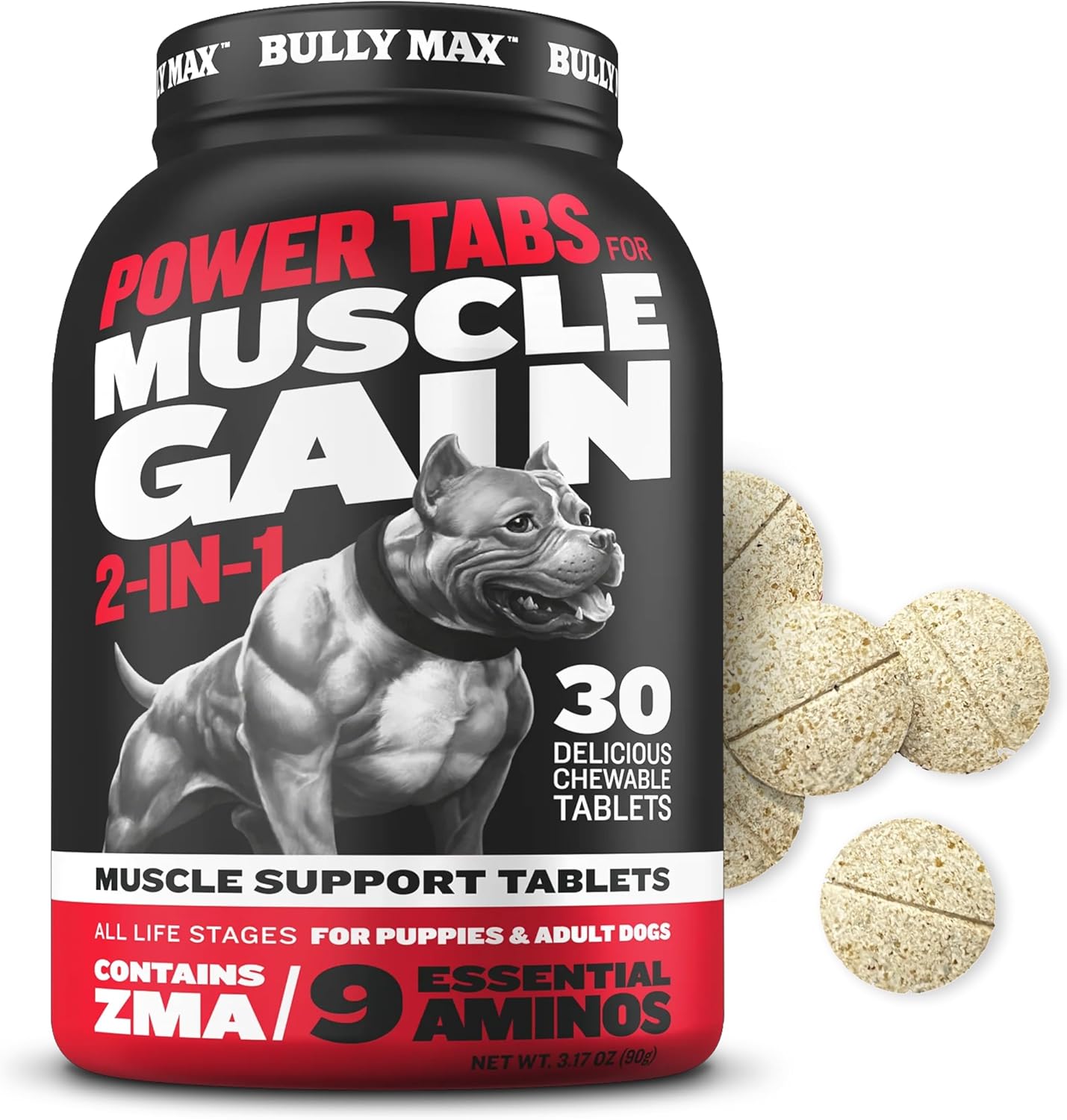 Bully Max 2-en-1 Tabletas Masticables para Perros - Vitaminas y Suplementos para Aumento de Masa Muscular y Crecimiento - Multivitamínico Canino para Todas las Razas y Edades - 60 Comprimidos, 3 Botellas