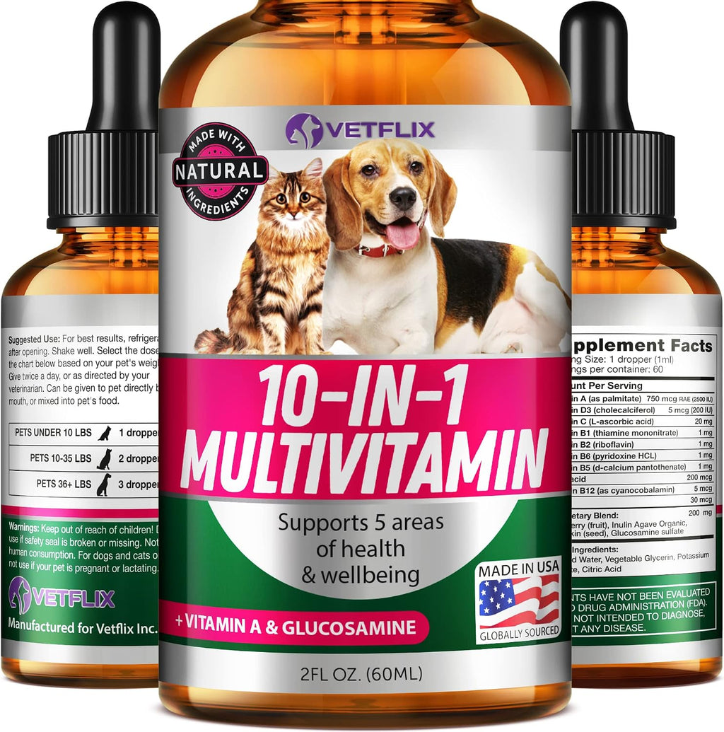 10 en 1 Vitaminas Líquidas para Perros y Gatos, 2 Fl Oz | Glucosamina y Multivitamínico