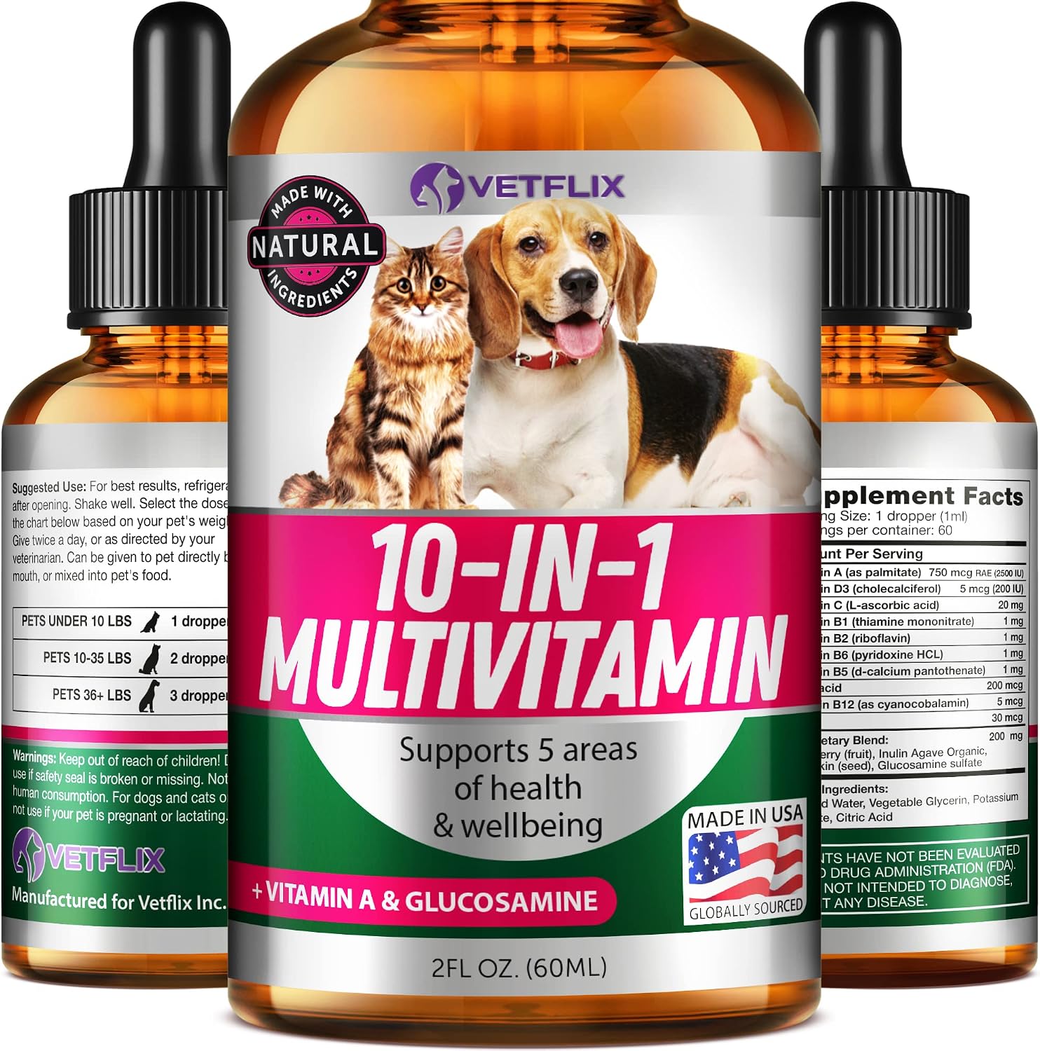 10 en 1 Vitaminas Líquidas para Perros y Gatos, 2 Fl Oz | Glucosamina y Multivitamínico