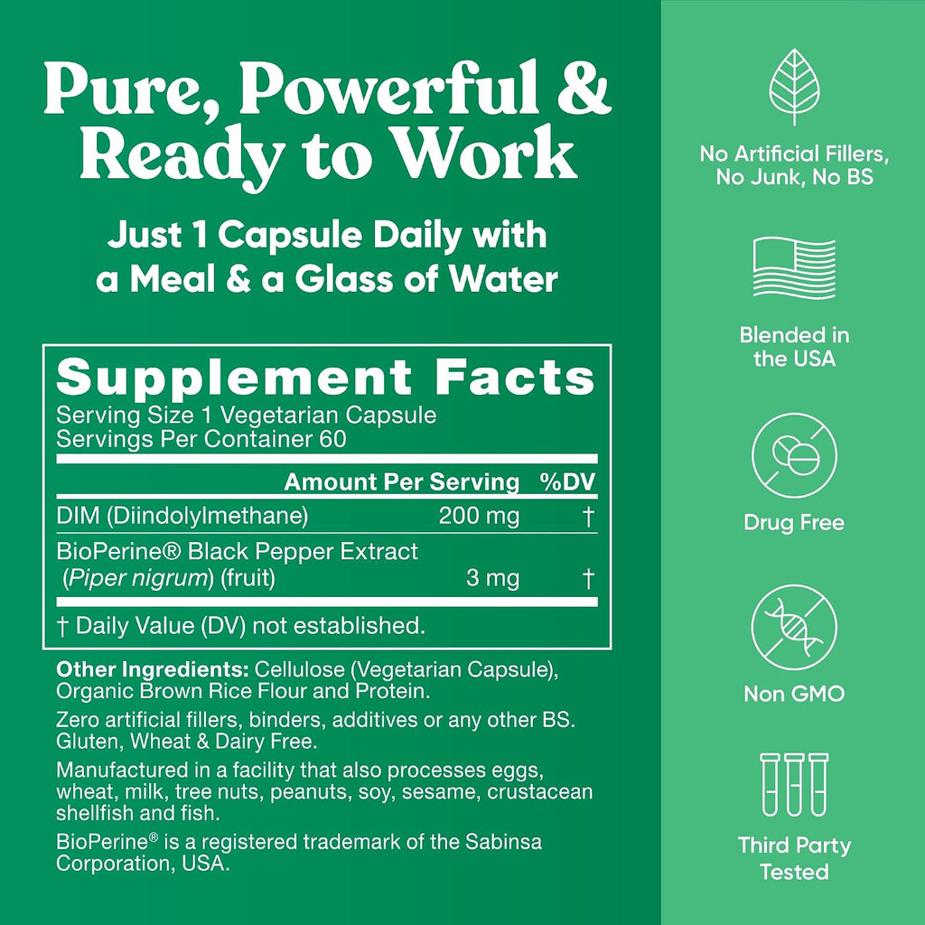 DIM 200 mg Puro con BioPerina – Suplemento para el Equilibrio Hormonal – 60 Cápsulas Veganas