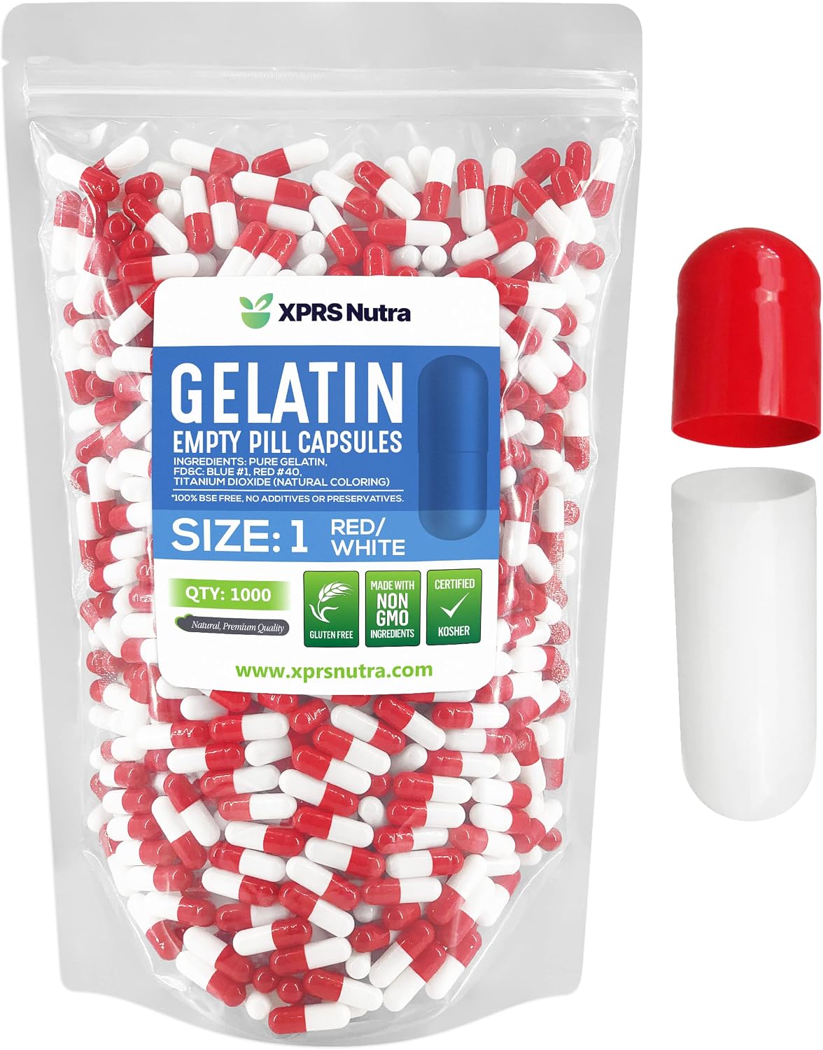 XPRS Nutra Cápsulas Vacías Tamaño 1 - 1000 uds - Gelatina Bovina para Rellenar (Rojo/Blanco)