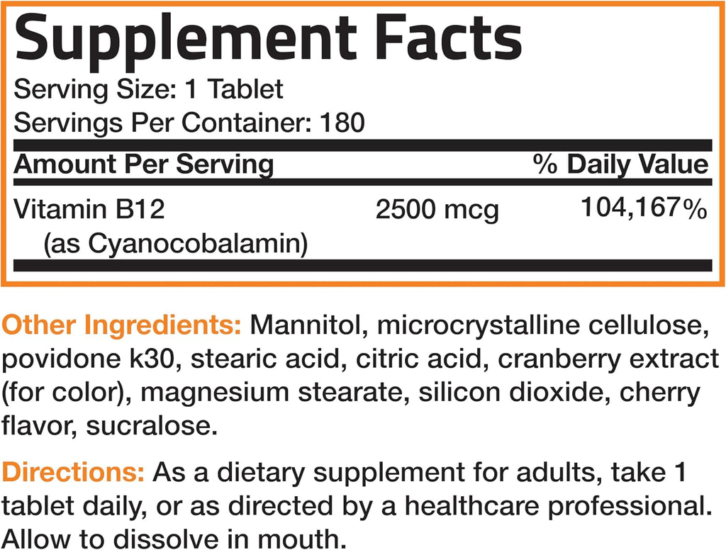 Bronson Vitamina B12 2500mcg Shot of Energy - Comprimidos Sublinguales Sabor Cereza - 180 uds