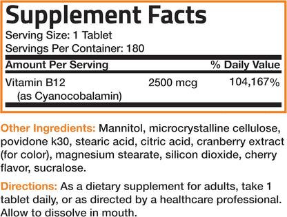 Bronson Vitamina B12 2500mcg Shot of Energy – Alta dosis: 2500 mcg por comprimido, adecuado para cubrir – Image 6
