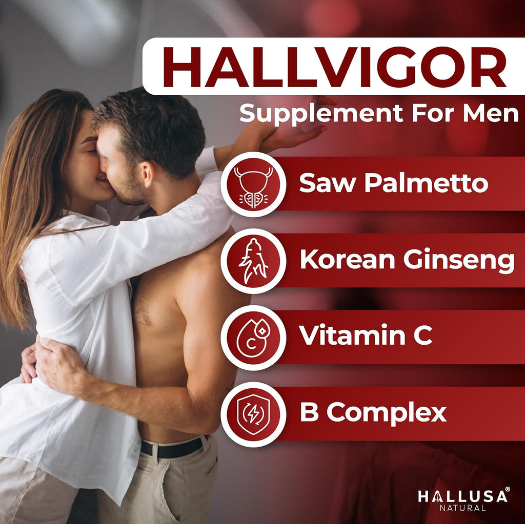 Hallusa Natural HALLVIGOR Multivitamínico Diario para Hombres – Ginseng Coreano, Damiana, Saw Palmetto, Biotina, Complejo B, Zinc, Jalea Real – 60 Cápsulas
