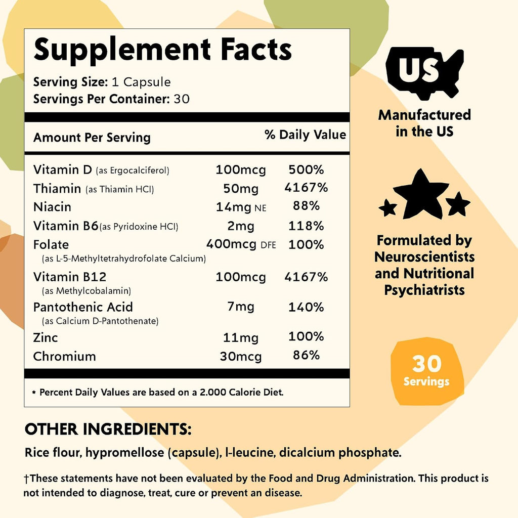 PYM Vitamin B Complex Mood Support Supplement (30 cápsulas) | Complejo B Metilado para el Estado de Ánimo y la Energía