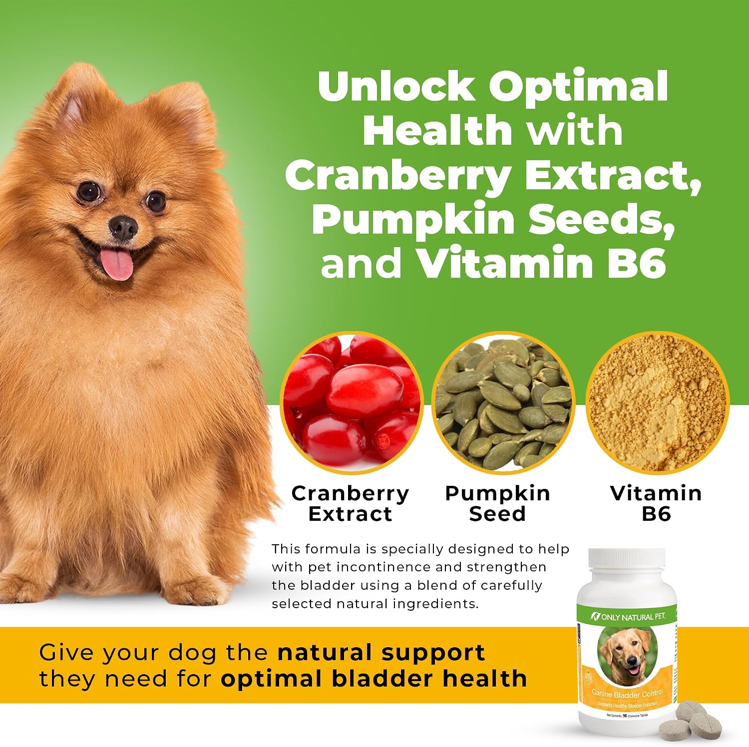 Only Natural Pet Canine Bladder Control - Suplemento para el control de la vejiga en perros - 90 comprimidos masticables (sabor a pavo natural)
