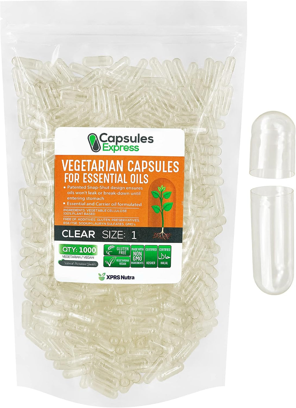 Cápsulas Vacías Veganas Tamaño 1 - XPRS Nutra - 1000 uds Transparentes para Aceites y Polvos