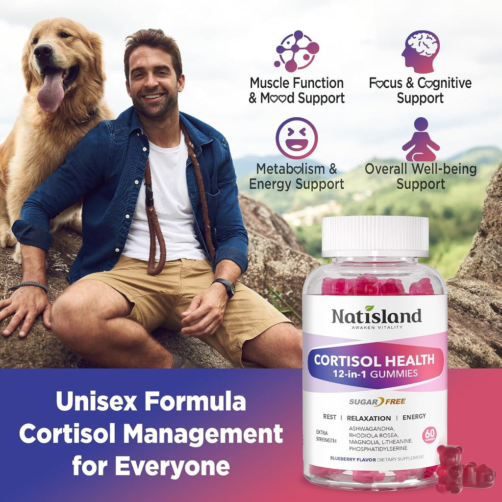 NATISLAND Cortisol Gummies 12-en-1 – Reduce Cortisol con Magnesio, Ashwagandha, L-Teanina, Vitamina B6 y D3, Sin Azúcar, Vegano, 60 Gomitas