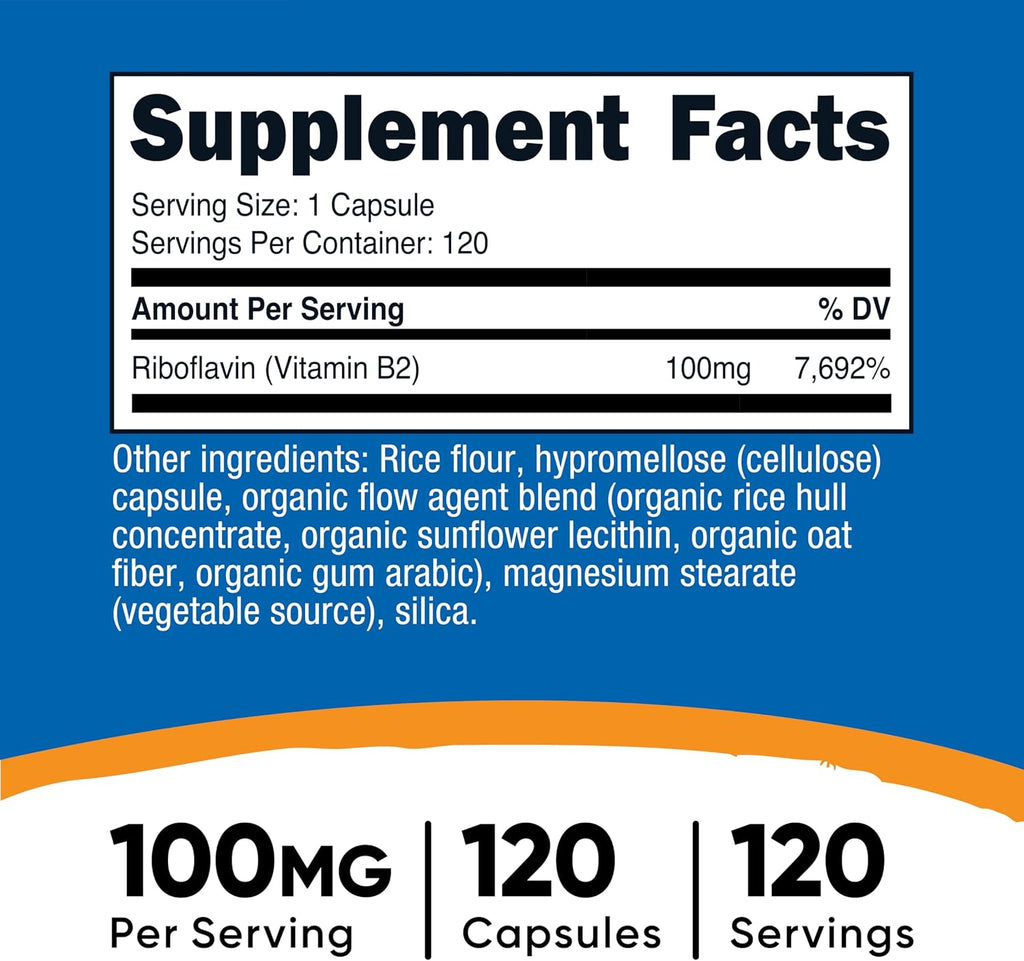 Nutricost Vitamina B2 (Riboflavina) 100mg, 120 Cápsulas - Sin Gluten y No Transgénico