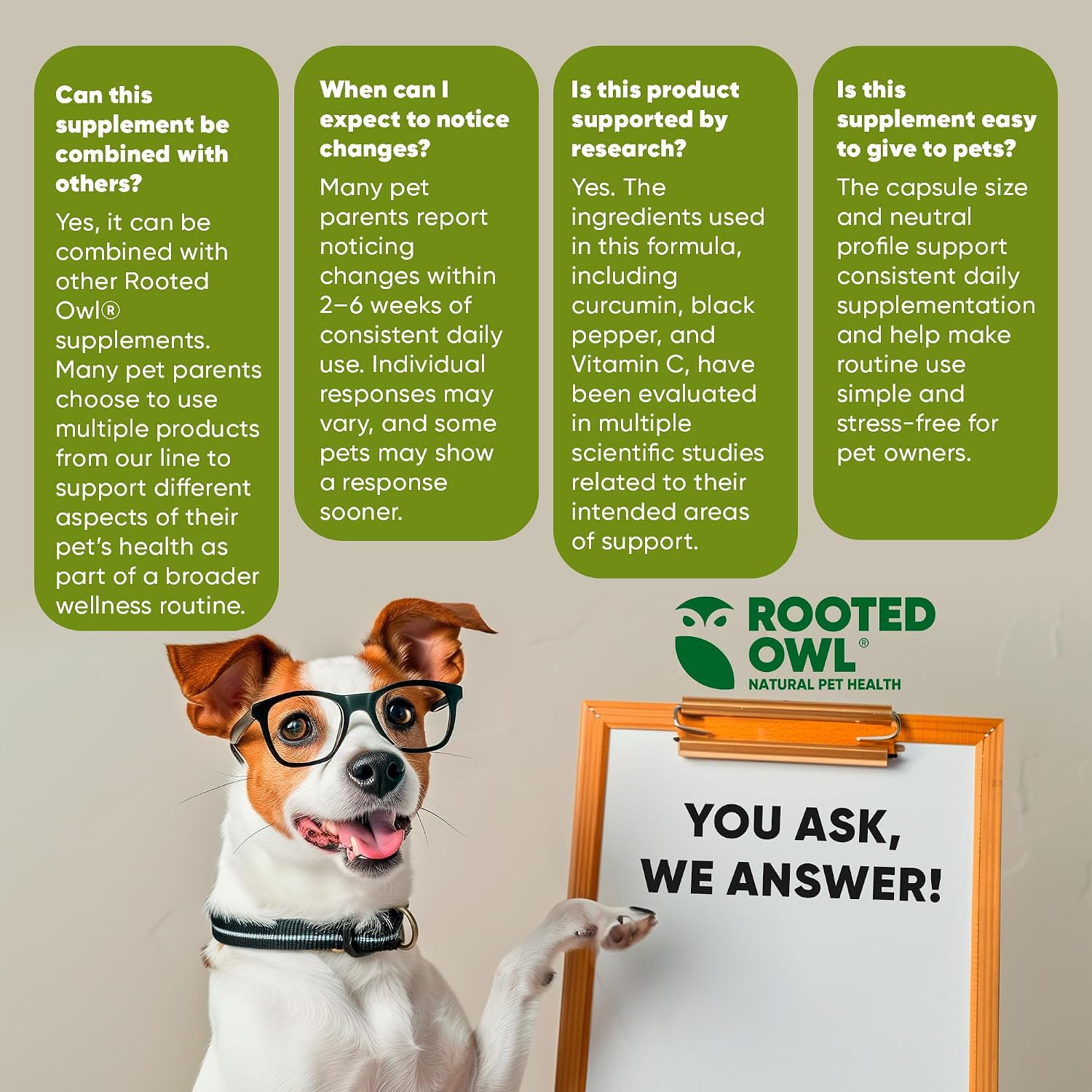 Rooted Owl® Cúrcuma para Perros y Gatos - Suplemento con Curcumina, Piperina y Vitamina C - 60 Cápsulas