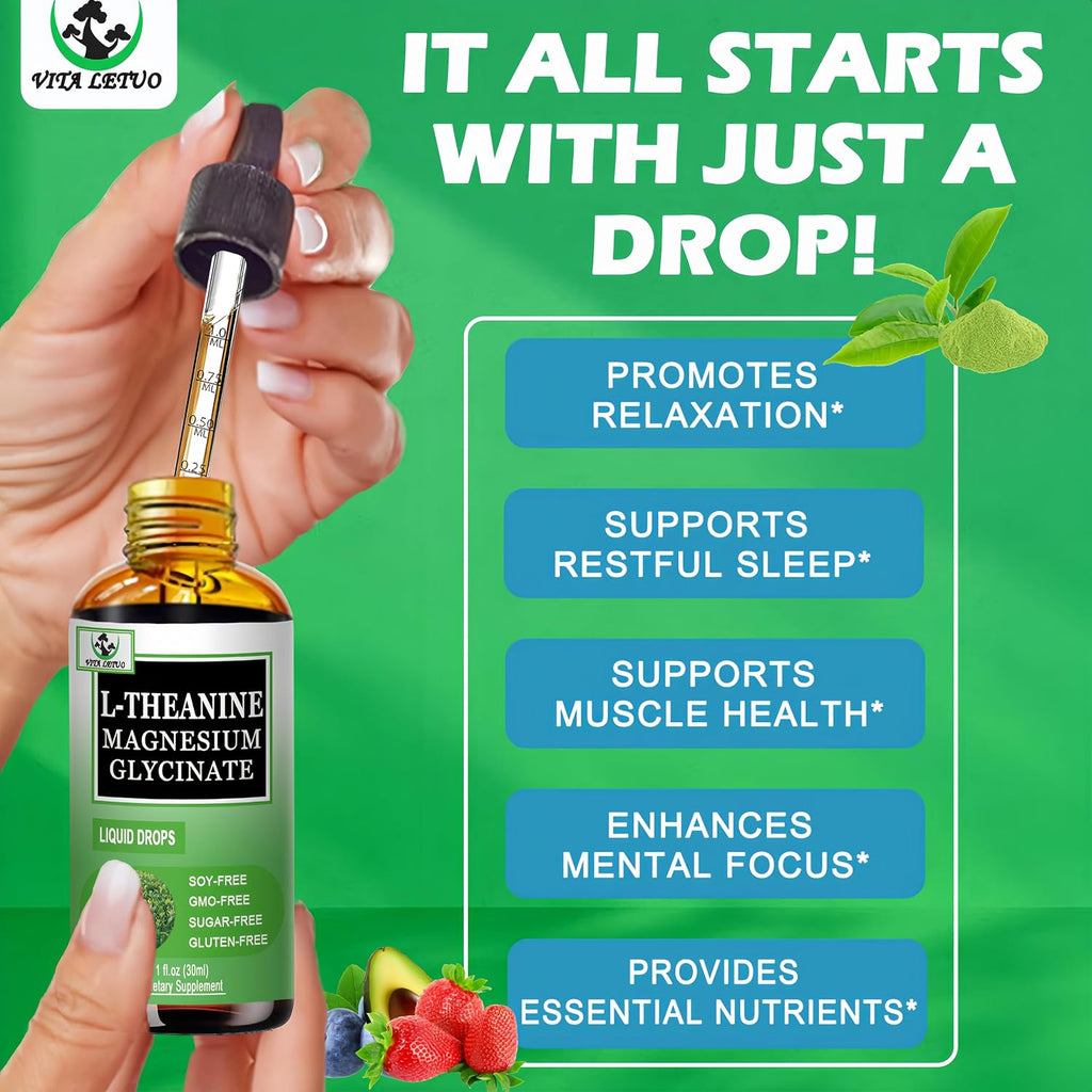 Vita letuo L-Theanine Drops 200mg con Magnesio Glicinato, Vitaminas y Fibra – Suplemento Líquido para la Relaxación y el Sueño