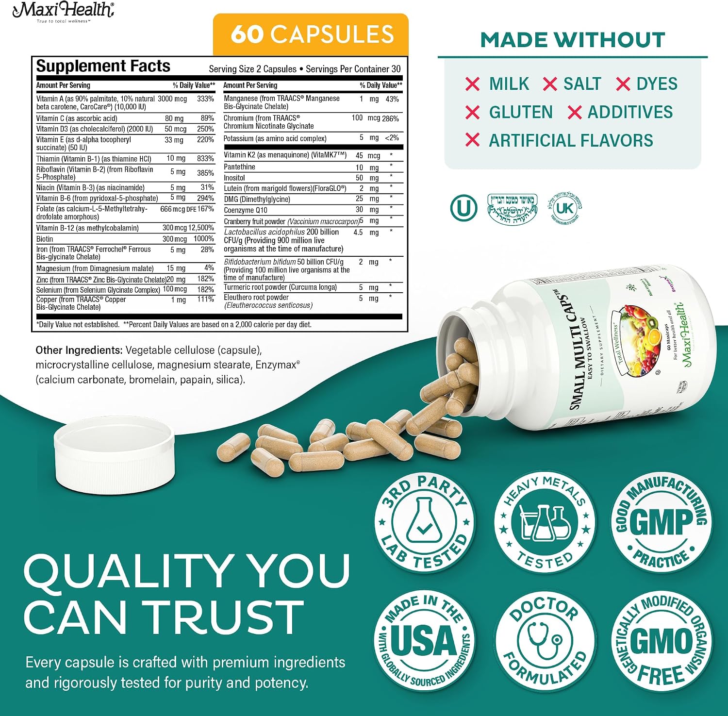 Maxi Health Multivitamin – Cápsulas multivitamínicas fáciles de tragar con 30 nutrientes, hierro y probióticos – 60 unidades