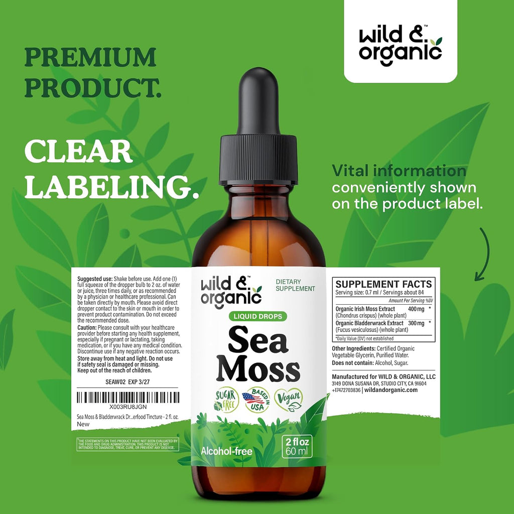 Wild & Organic Gotas Líquidas de Musgo Marino y Bladderwrack - Tintura Multimineral - Vegana, Sin Azúcar ni Alcohol - 60 ml