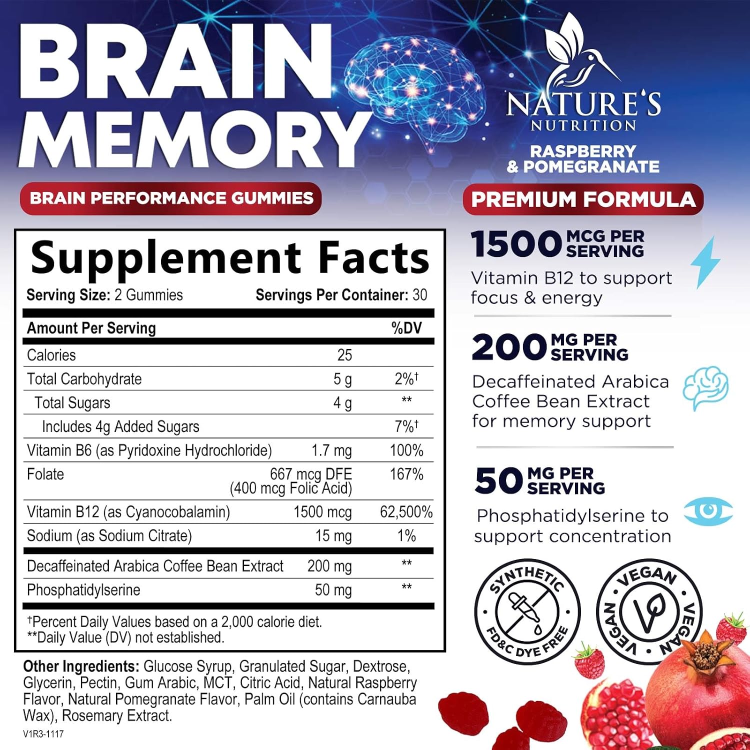 Nature's Nutrition Gominolas para Memoria y Concentración - Suplemento Cerebral 3X con Vitamina B6, B12 y Fosfatidilserina - 60 Gominolas