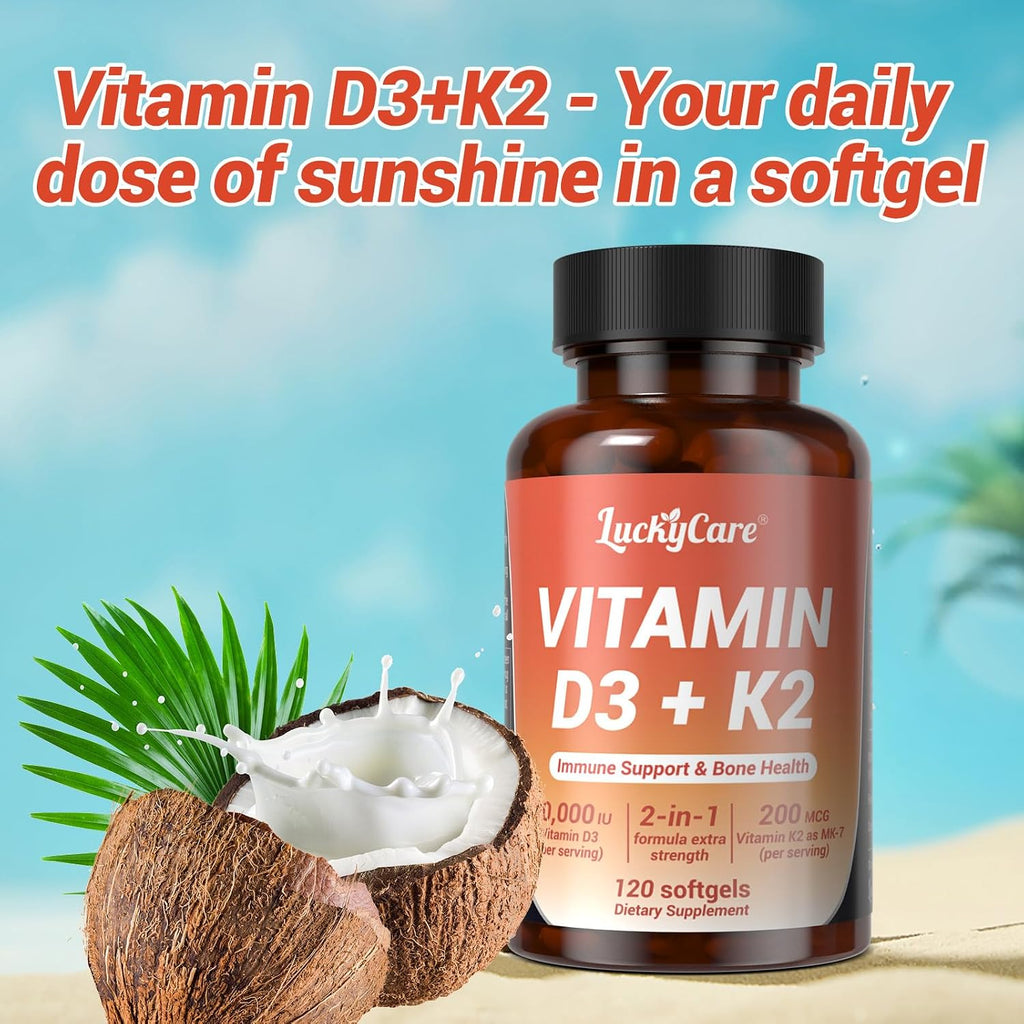 Vitamina D3 K2 10000 UI + K2 (MK-7) 200 mcg, 240 Cápsulas Blandas con Aceite de Coco