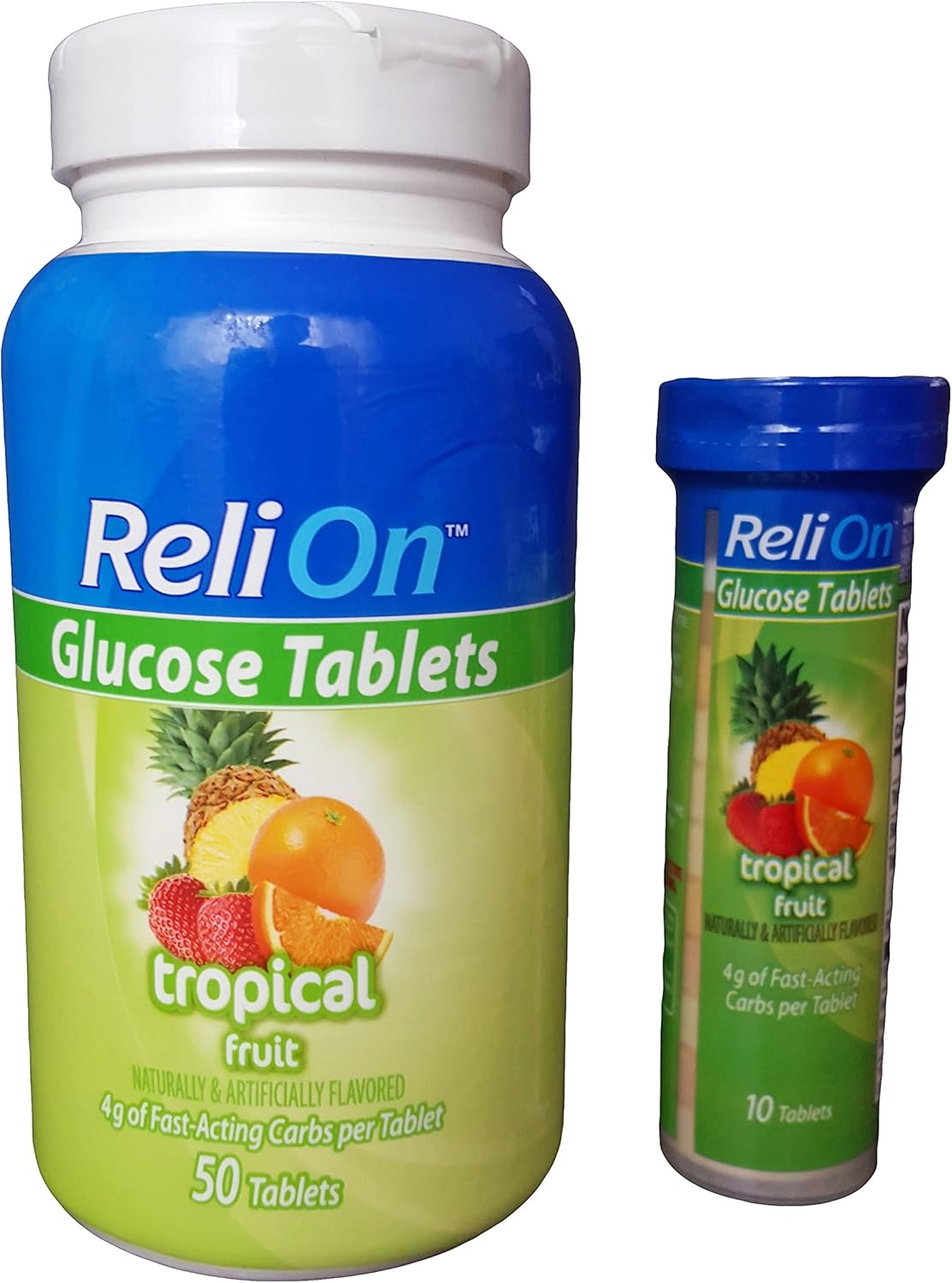 ReliOn Glucosa, 50 Comprimidos + Tubo Portátil de 10 (Fruta Tropical)