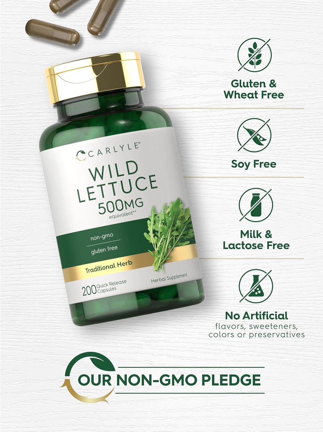 Carlyle Extracto de Lechuga Silvestre | 200 Cápsulas | Suplemento de Hoja Herbácea | Sin OGM y Sin Gluten