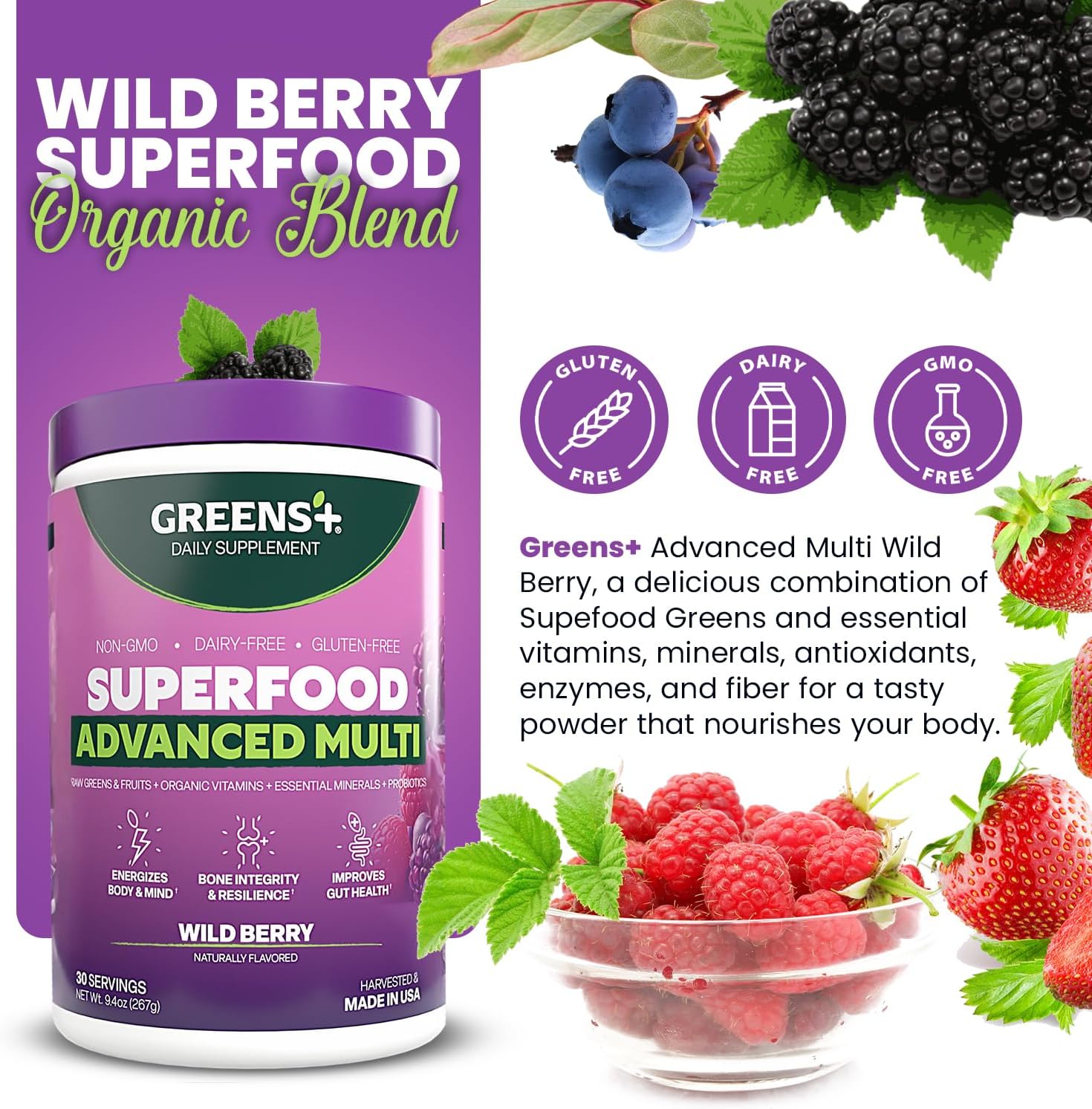 Greens+ Advanced Multi Wild Berry - Polvo de Superalimentos Orgánico con Vitaminas y Minerales, 267 g