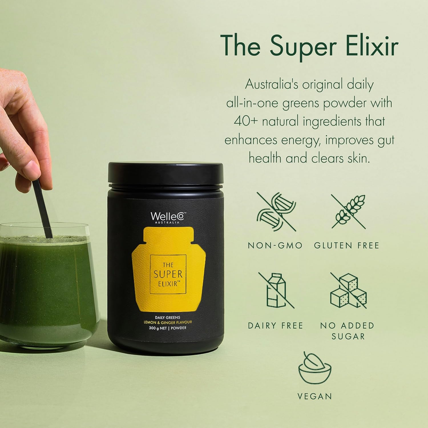 WelleCo The Super Elixir Daily Greens Powder - Limón Jengibre (300g)