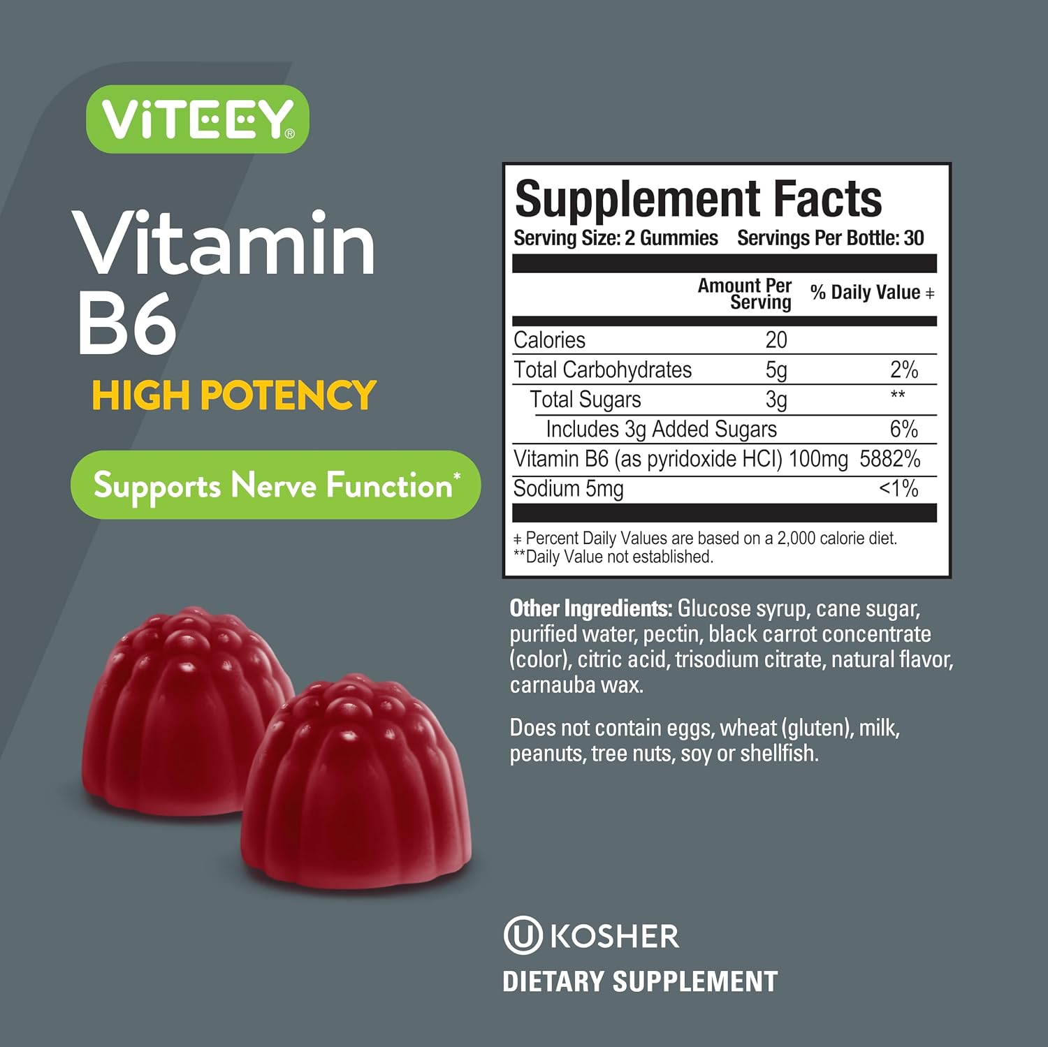 Viteey Vitamin B6 Gummies - 120 Gominolas con 100mg de Vitamina B6 - Energía, Sistema Nervioso y Estado de Ánimo - Vegano, Sin Gluten