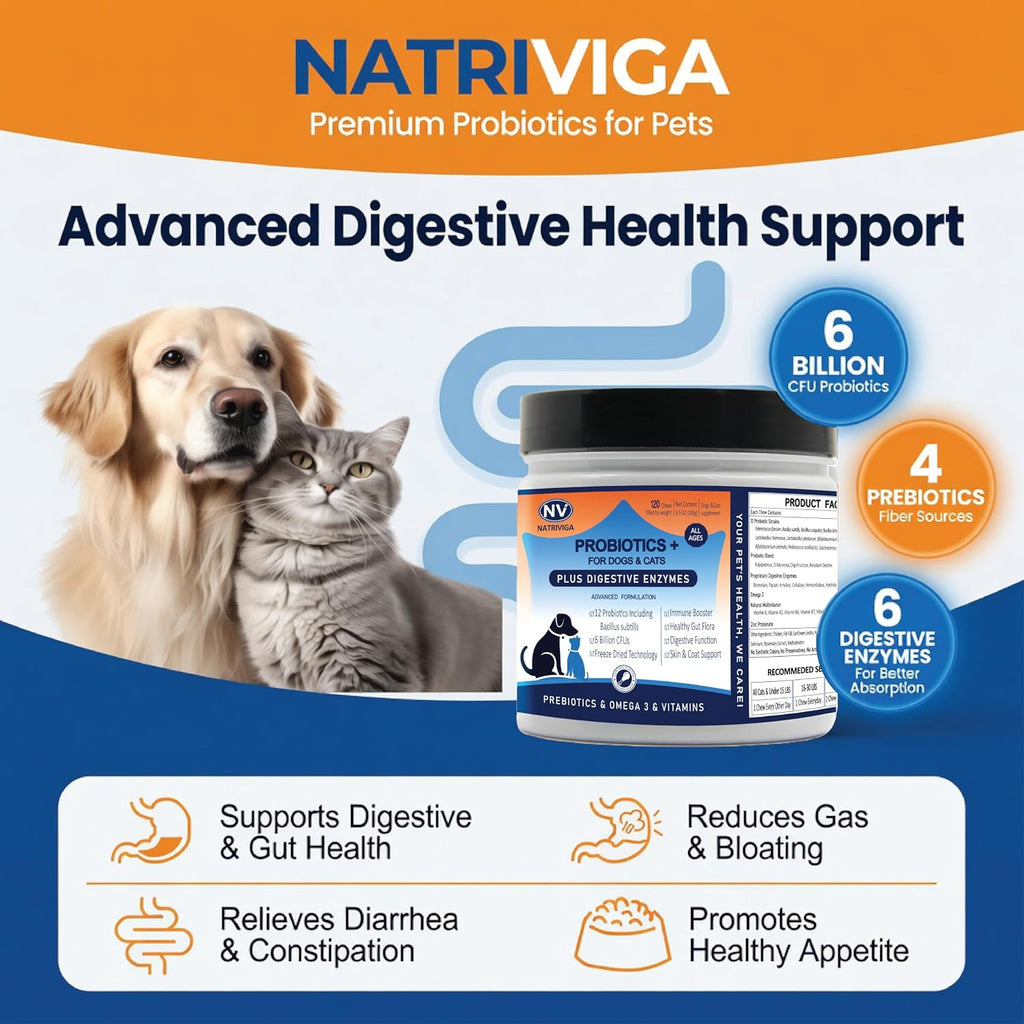 Probióticos liofilizados para perros - Apoya la salud digestiva, piel, alergias e inmunidad - con enzimas digestivas, omega-3, zinc y prebióticos - 120 masticables sabor pollo