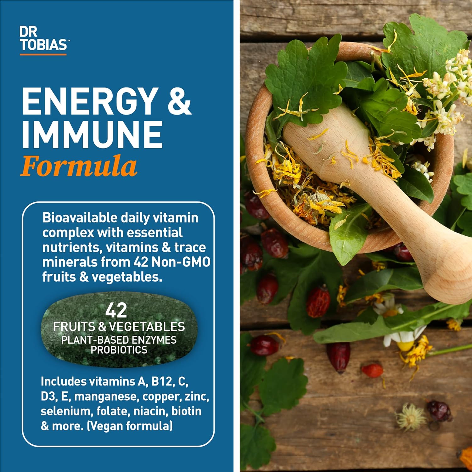 Dr. Tobias Multivitamínico Adulto - 180 Comprimidos Veganos con 42 Frutas y Verduras