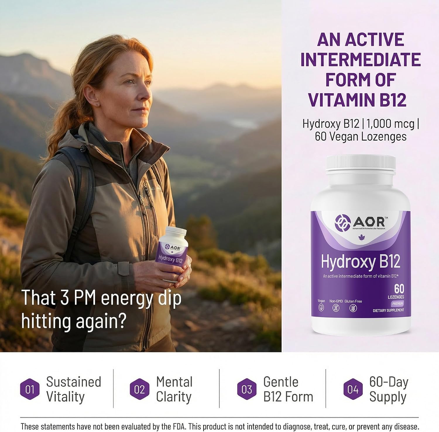 AOR Hydroxy B12 1000 mcg – 60 Comprimidos Veganos de Hidroxocobalamina
