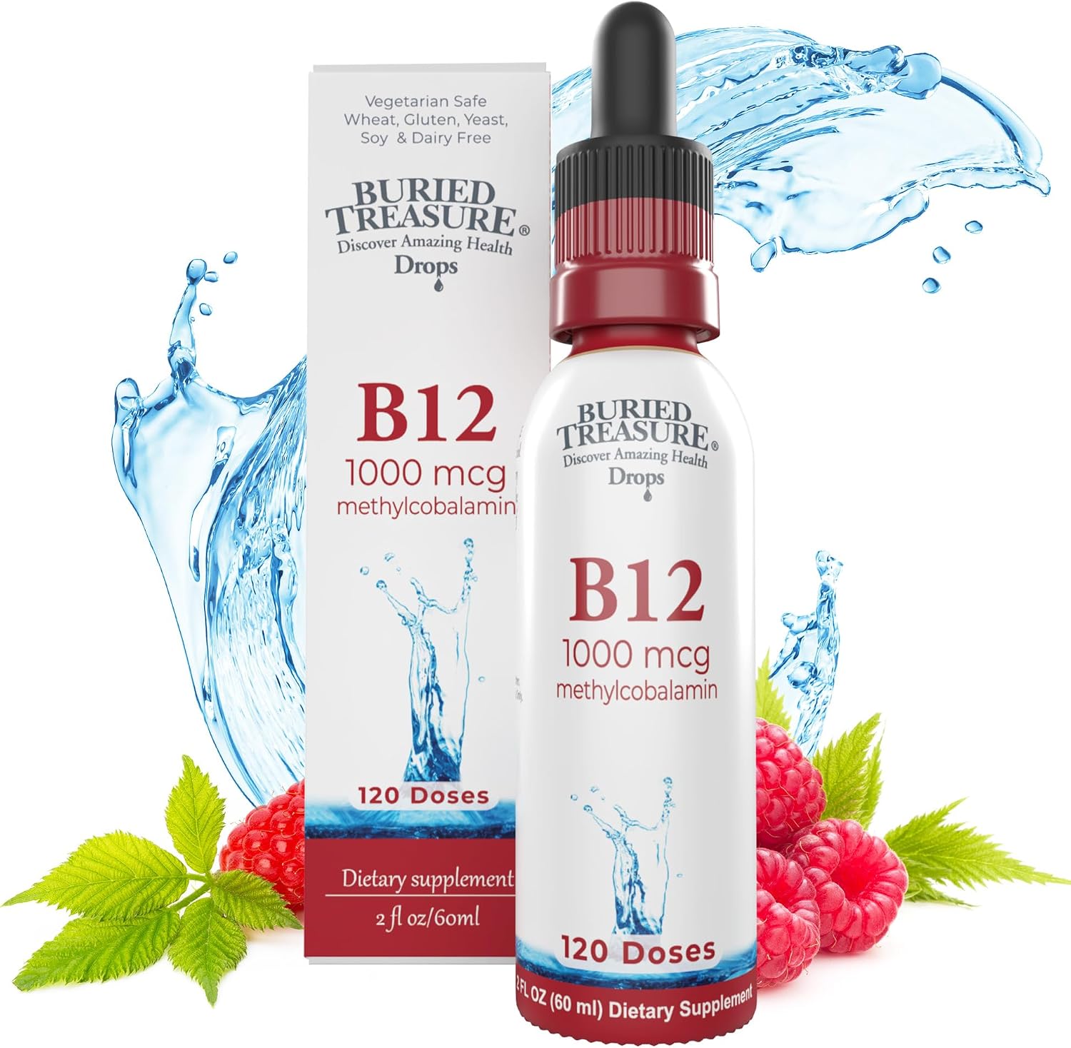 Buried Treasure Gotas de Vitamina B12 - 1000mcg Metilcobalamina por Dosis, 120 Dosis - Sublingual, Vegano, Sin Alcohol, Sabor Frambuesa, 60 ml