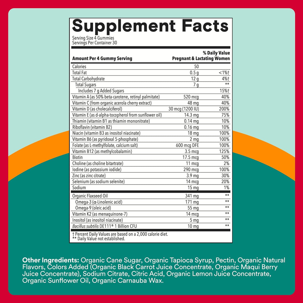 SmartyPants Vitaminas Prenatales Orgánicas para Mujeres - Gominolas Multivitamínicas con Probióticos, Metilfolato, Omega 3 (ALA), Vitamina D3, C, B12, B6, A, K2, Zinc y Colina - 120 unidades (30 días)
