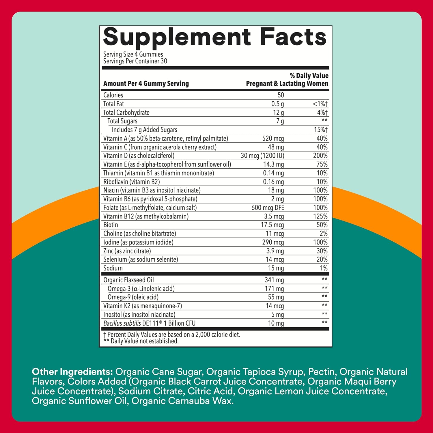 SmartyPants Vitaminas Prenatales Orgánicas para Mujeres - Gominolas Multivitamínicas con Probióticos, Metilfolato, Omega 3 (ALA), Vitamina D3, C, B12, B6, A, K2, Zinc y Colina - 120 unidades (30 días)