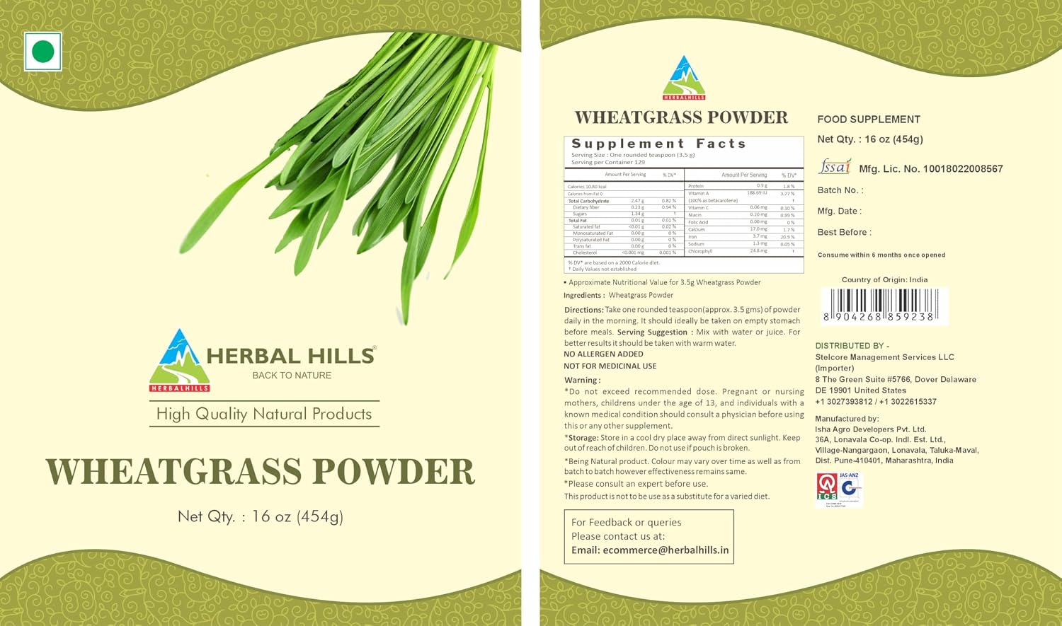 Herbal Hills Wheatgrass Powder - Superalimento Verde en Polvo (454 g)