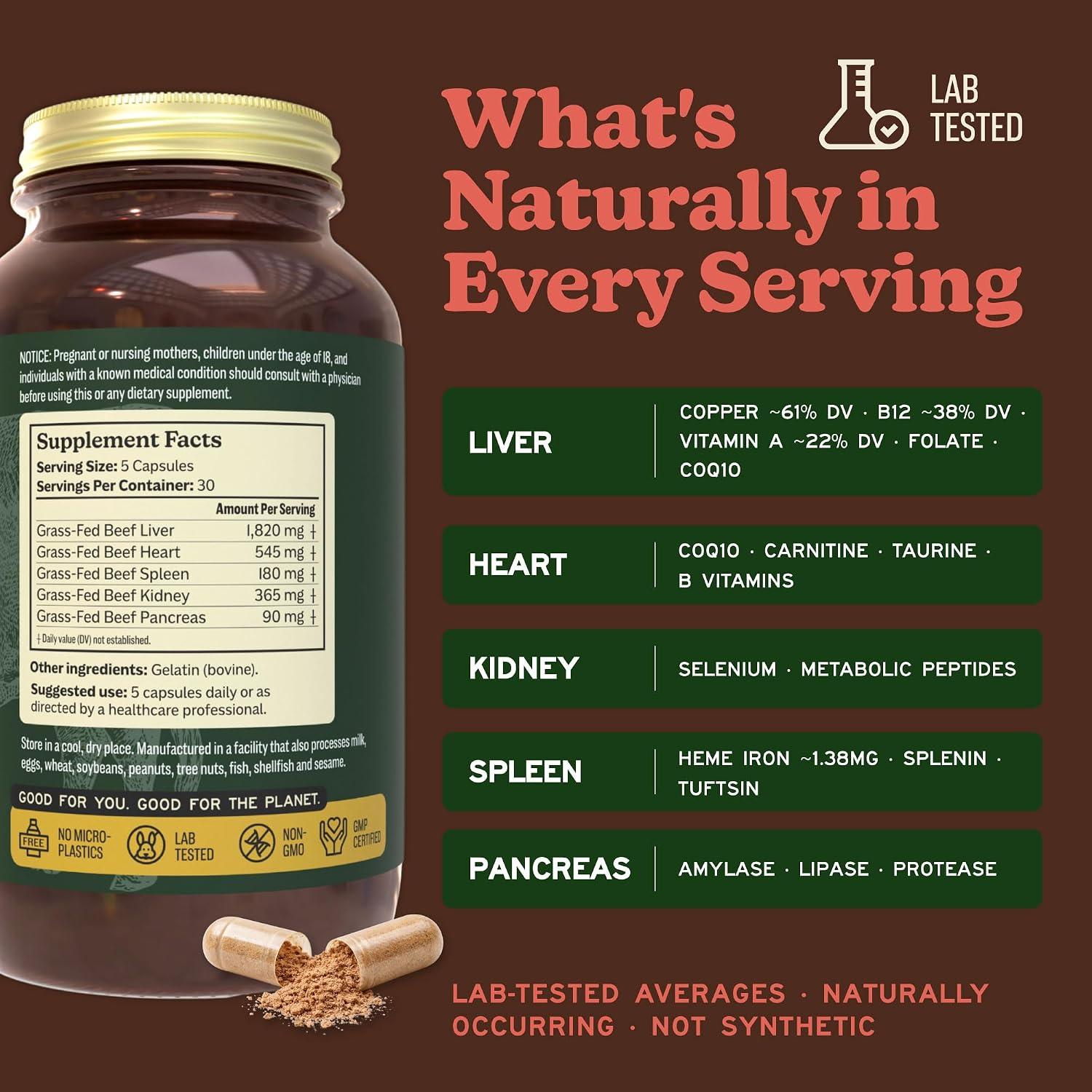 MK Supplements Grass-Fed Beef Organs Capsules | 5 Órganos en Proporciones Naturales | B12, Cobre y Hierro Hemo | Criado de Forma Regenerativa | 150 Cápsulas