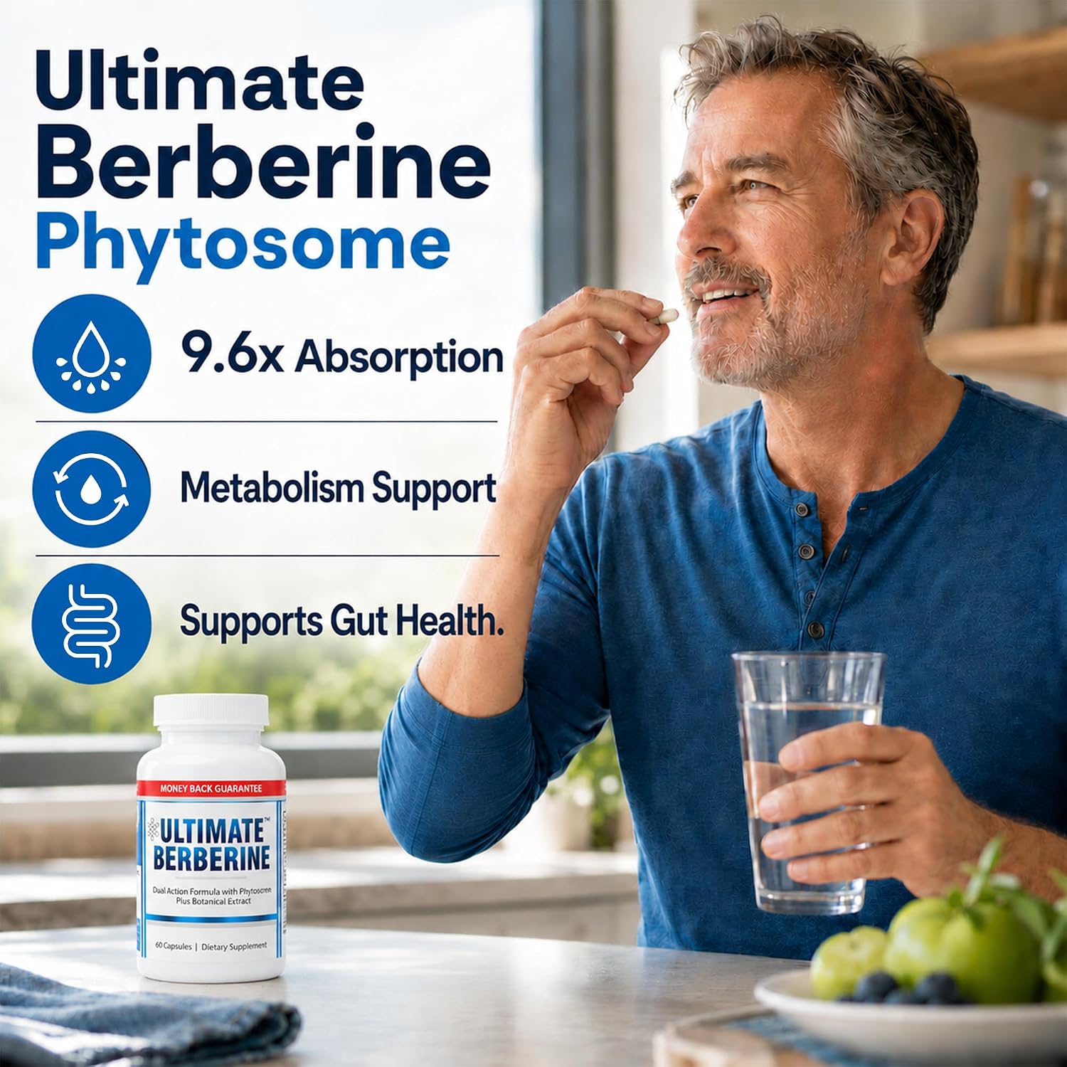 Ultimate Berberina Fitosoma para Salud Metabólica Óptima después de los 40, Fórmula de Doble Acción con Absorción 9.6X para Apetito y Salud Intestinal, Inmunidad y Colesterol, Dosis Clínica y Probado por Terceros
