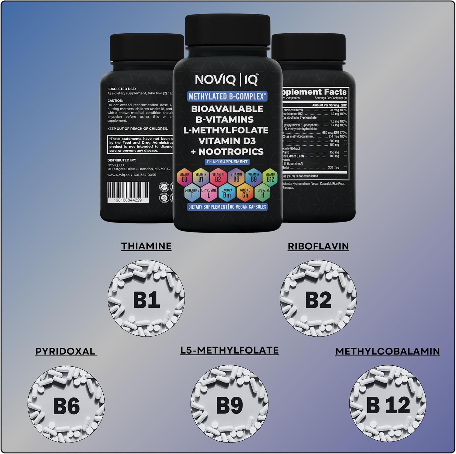 Complejo B Metilado 11-en-1: 680mcg L-Metilfolato (5-MTHF), Tiamina (B1), Riboflavina (B2), Piridoxal (B6), Metilcobalamina (B12) - Vitamina D3 + Nootrópicos - 1,100mg+ por ración - 60 Cápsulas