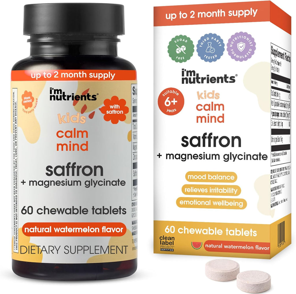I’m Nutrients Calm Mind | Suplemento para Niños con Azafrán, Magnesio, Vitamina B6 y Zinc | Sabor Natural | 60 Comprimidos Masticables