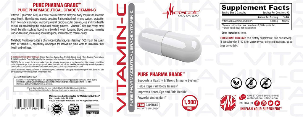 Metabolic Nutrition Vitamina C 1500 mg - 180 Cápsulas de Ácido Ascórbico Puro