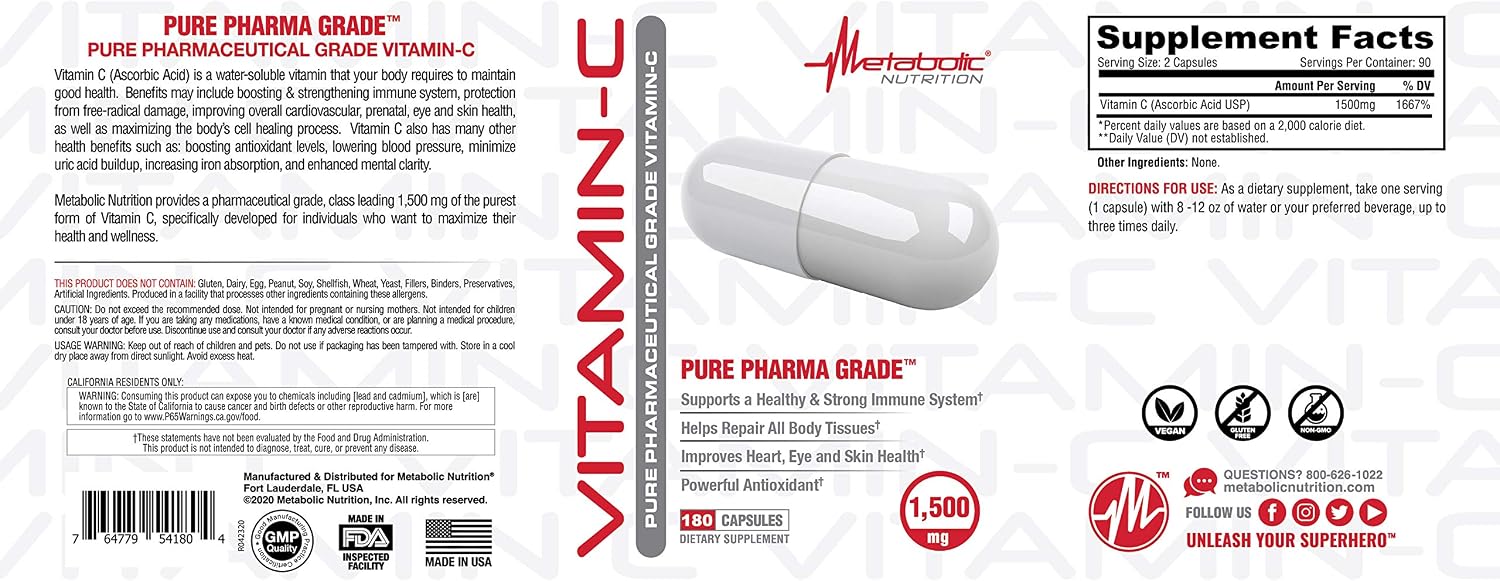 Metabolic Nutrition Vitamina C 1500 mg - 180 Cápsulas de Ácido Ascórbico Puro