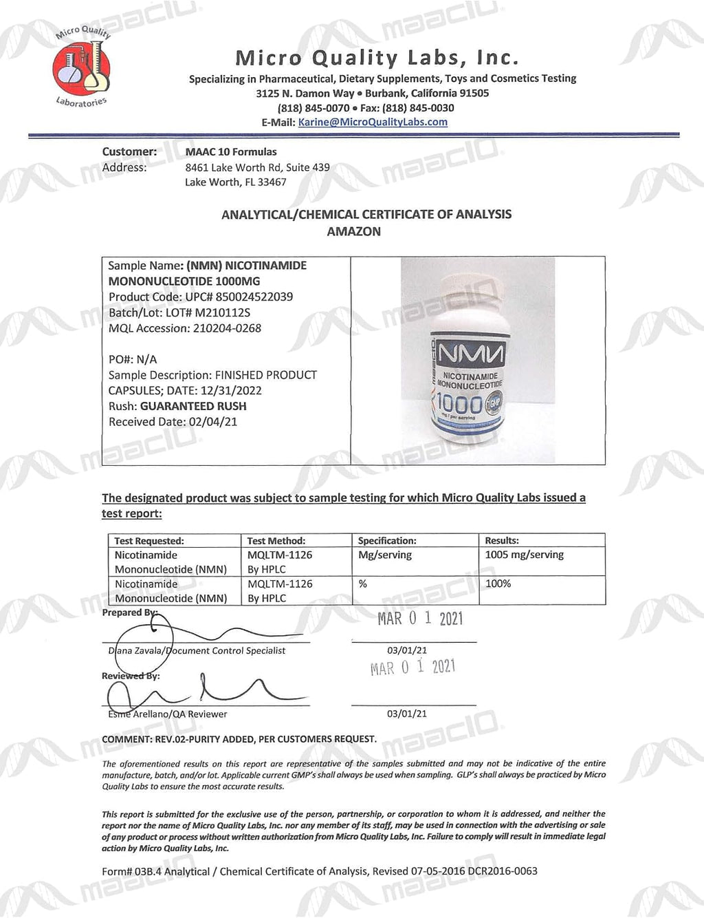 MAAC10 NMN Supplement 1000mg Pure NMN Nicotinamide Mononucleotide.