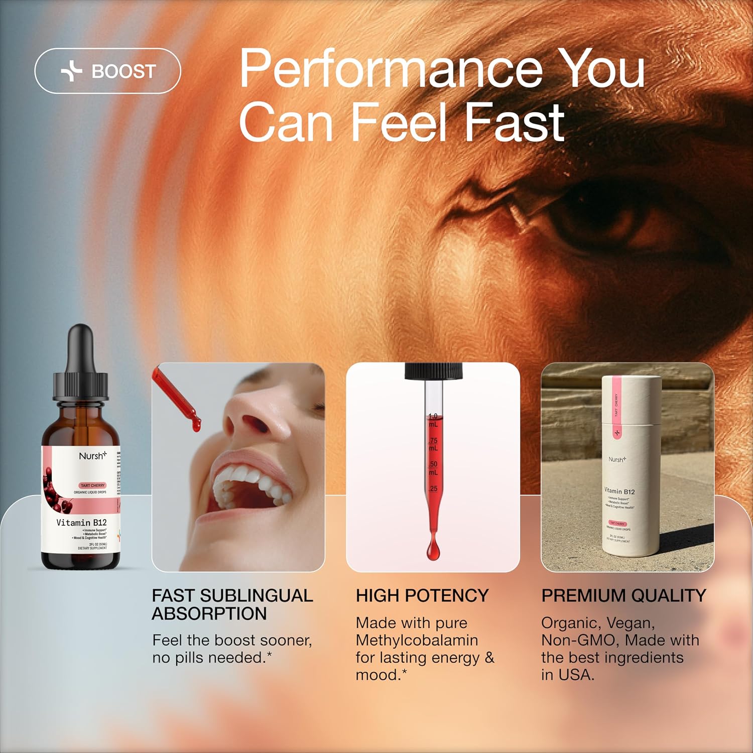 Nursh+ Boost Vitamina B12 5000 mcg Gotas Sublinguales – Metilcobalamina Orgánico y Vegano