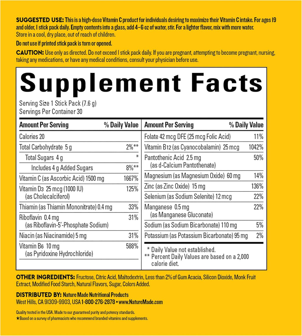 Nature Made Wellblends ImmuneMAX Mezcla Efervescente - Vitamina C 1500 mg, Zinc 15 mg y Vitamina D3, 30 sobres